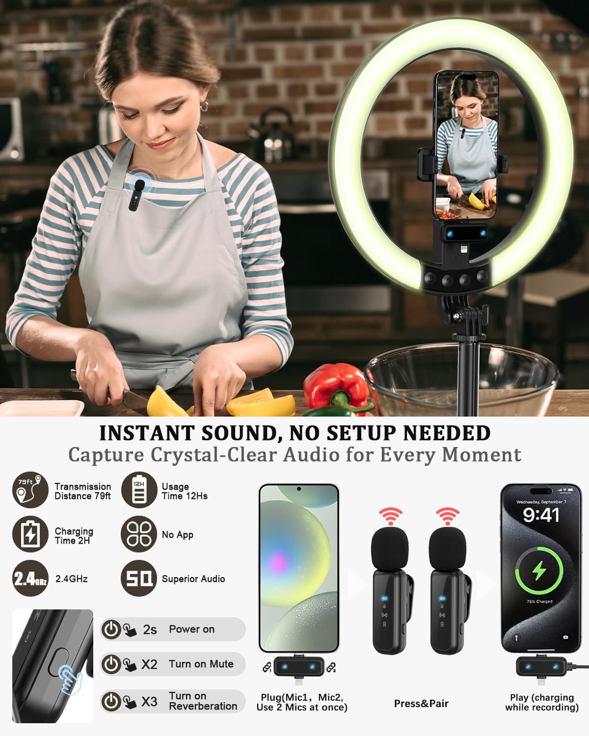 Vlogging Kit for iPhone/Android, 10” Ring Light with Stand, 74” Tripod for iPhone with Light, Microphone, YouTube Starter Kit for TikTok Content Creator: 74"