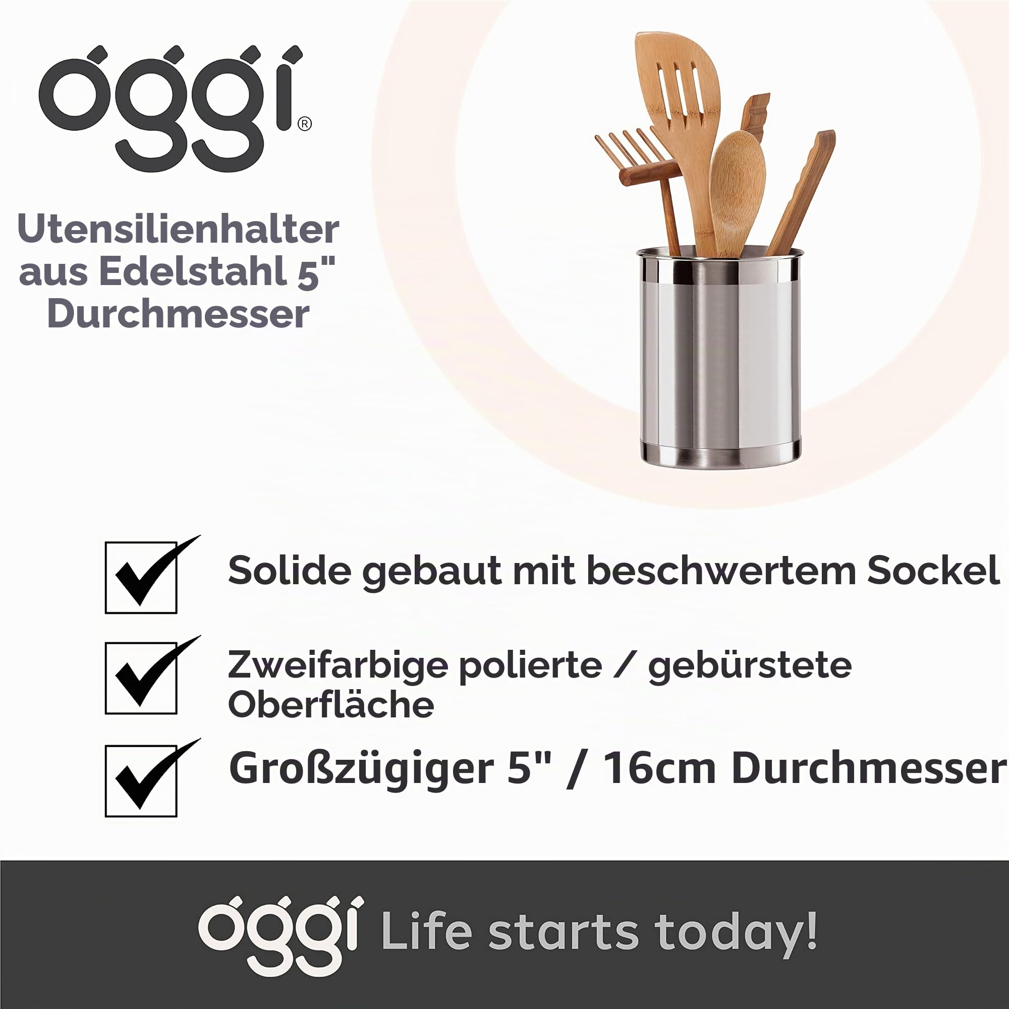 Oggi Steel Utensil Holder Utensilienbehälter, Edelstahl: 12,7 cm, Regular