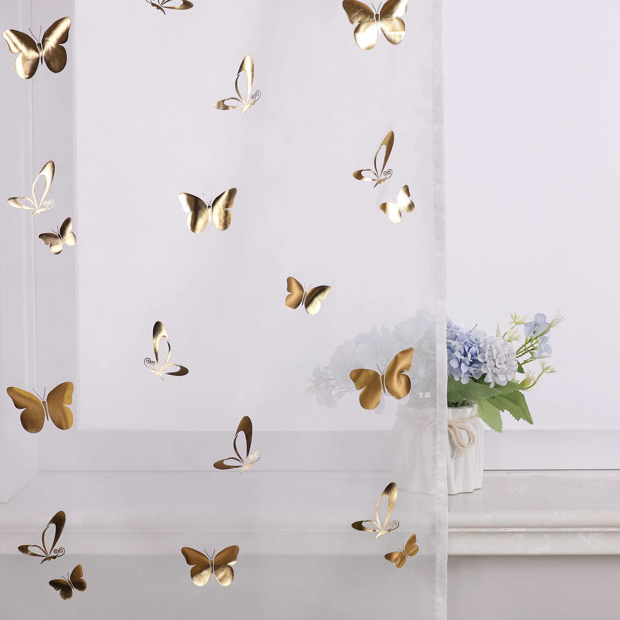 ESLIR 2er Set Flächenvorhänge Schiebegardinen Transparent Gardinen mit Schlaufen Schiebevorhang Weiß Vorhang Wohnzimmer Modern Gold BxH 57x225cm 2 Stück