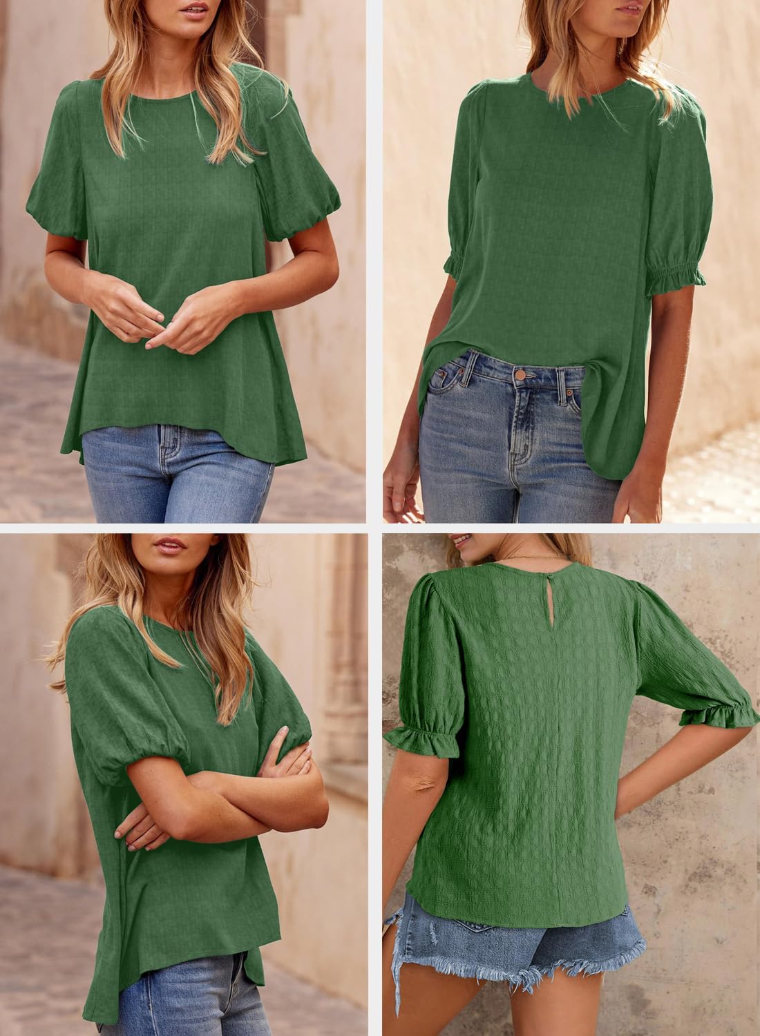 BLENCOT Tops for Women Trendy Summer Casual Balloon Half Short Sleeve Basic Textured Solid Color Round Neck T Shirts Blouse - Image 4