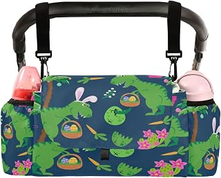 CUPADA Universal Baby Stroller Organizer Bag Green Easter Dinosaur Egg, Stroller Organizers with Insulated Cup Holders Cartoon Detachable Shoulder Strap Storage Carrying Diaper and Snacks