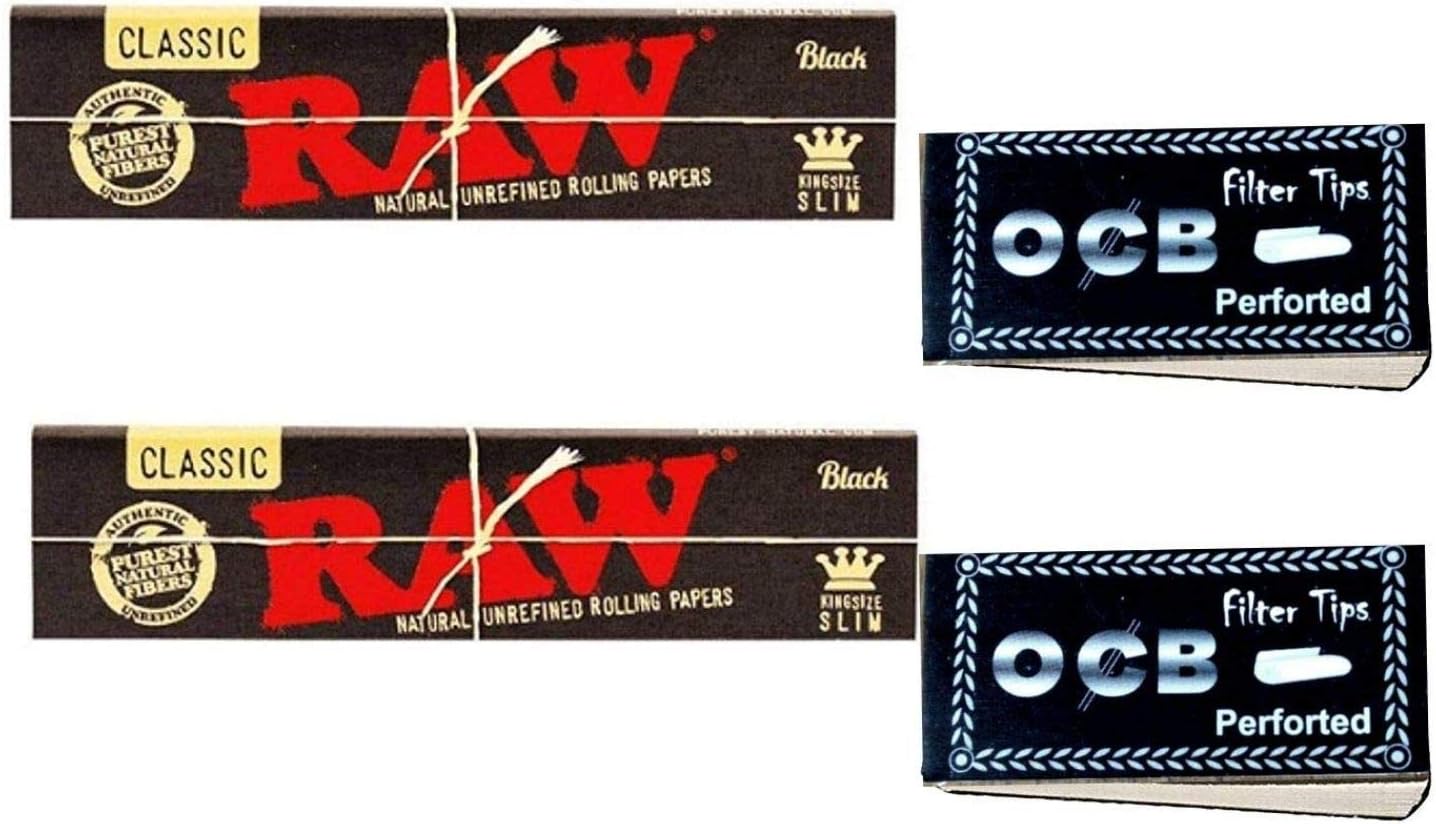 Pack of 2 Raw Premium Black Rolling Papers with 2 OCB filter tip/roach books| Set of 4