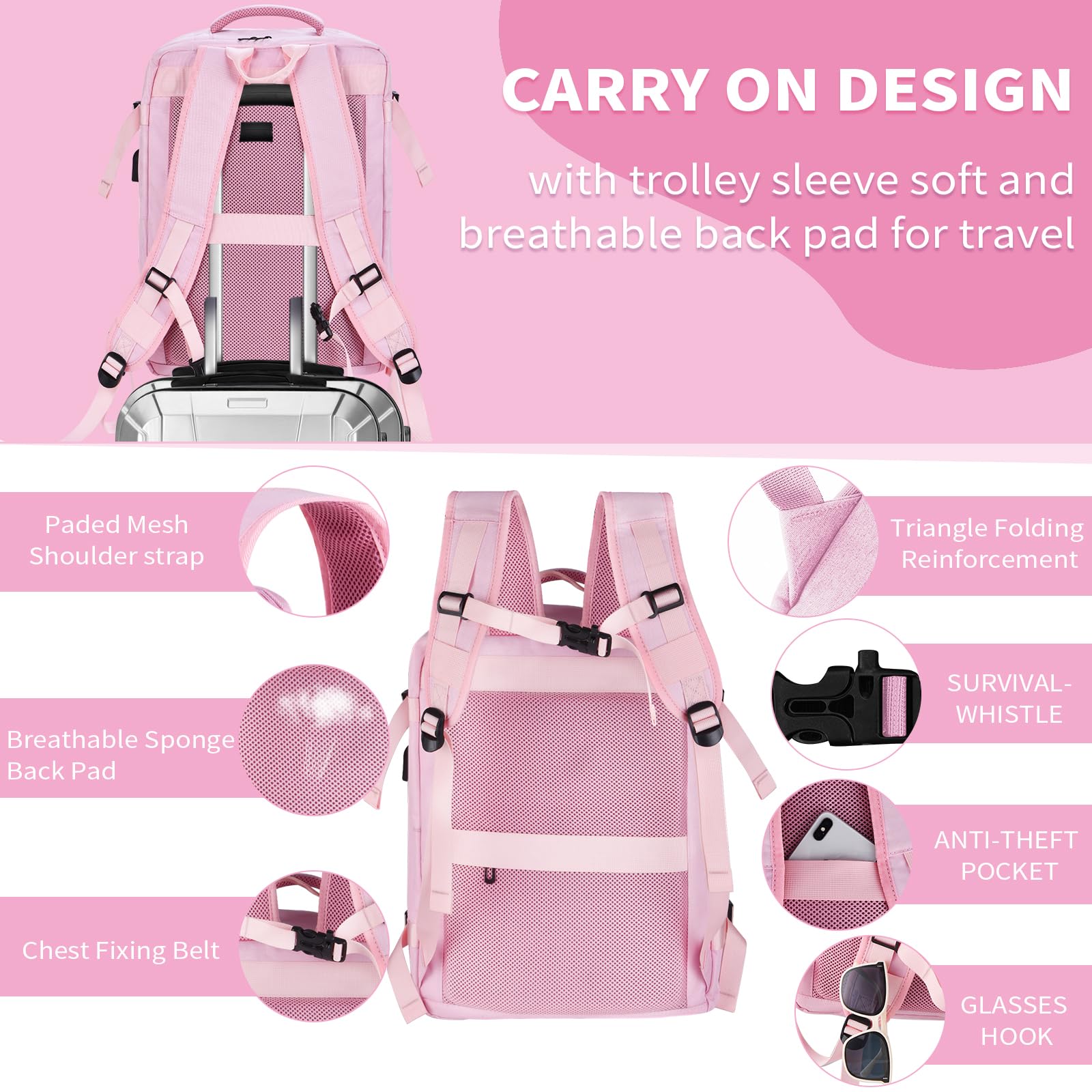 VOESLD Zaino 45x36x20 per Easyjet, Zaino da Viaggio Aereo Bagaglio a Mano Rosa Donna Impermeabile Zaino Bagaglio a Mano per Tutte le Principali Compagnie Aeree, con Porta USB 32L