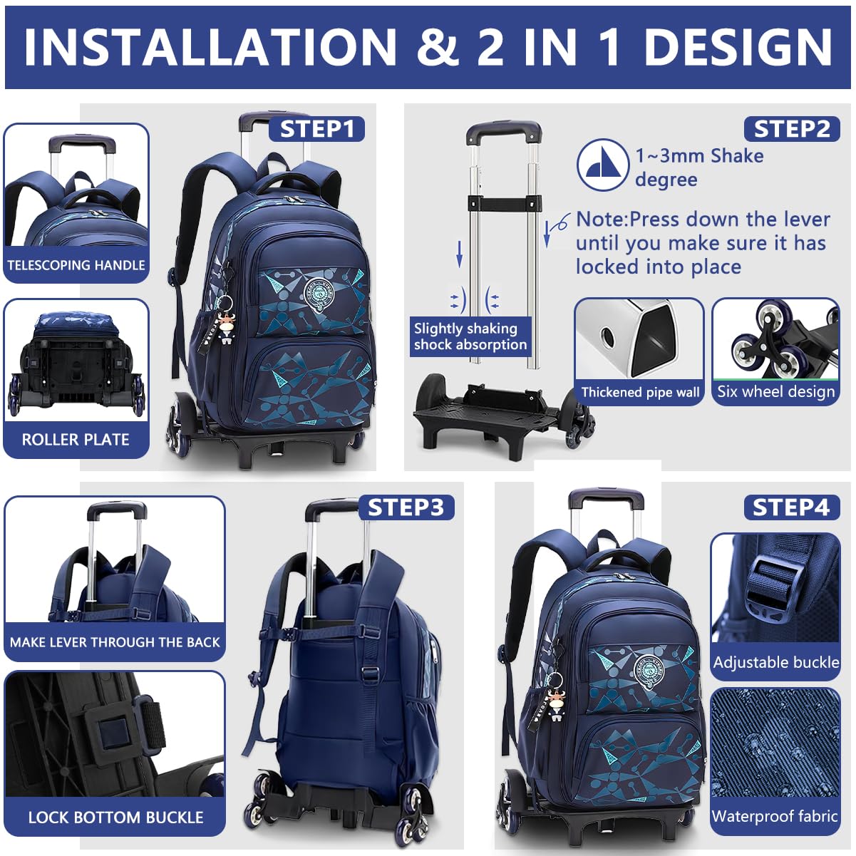 Sac à Dos Roulette Primaire Cartable Scolaire Enfant Fille Sac Roulette Trolley Bagage Cabine Cartable à Roulette Fille Garcon Scolaire