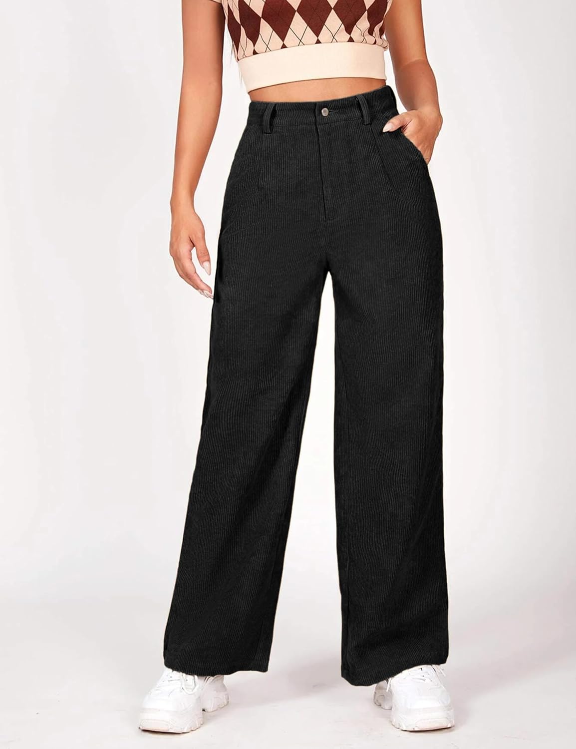 Himosyber Corduroy Pants for Women Wide Leg High Waist Loose Comfy Trousers with Pockets - Image 2