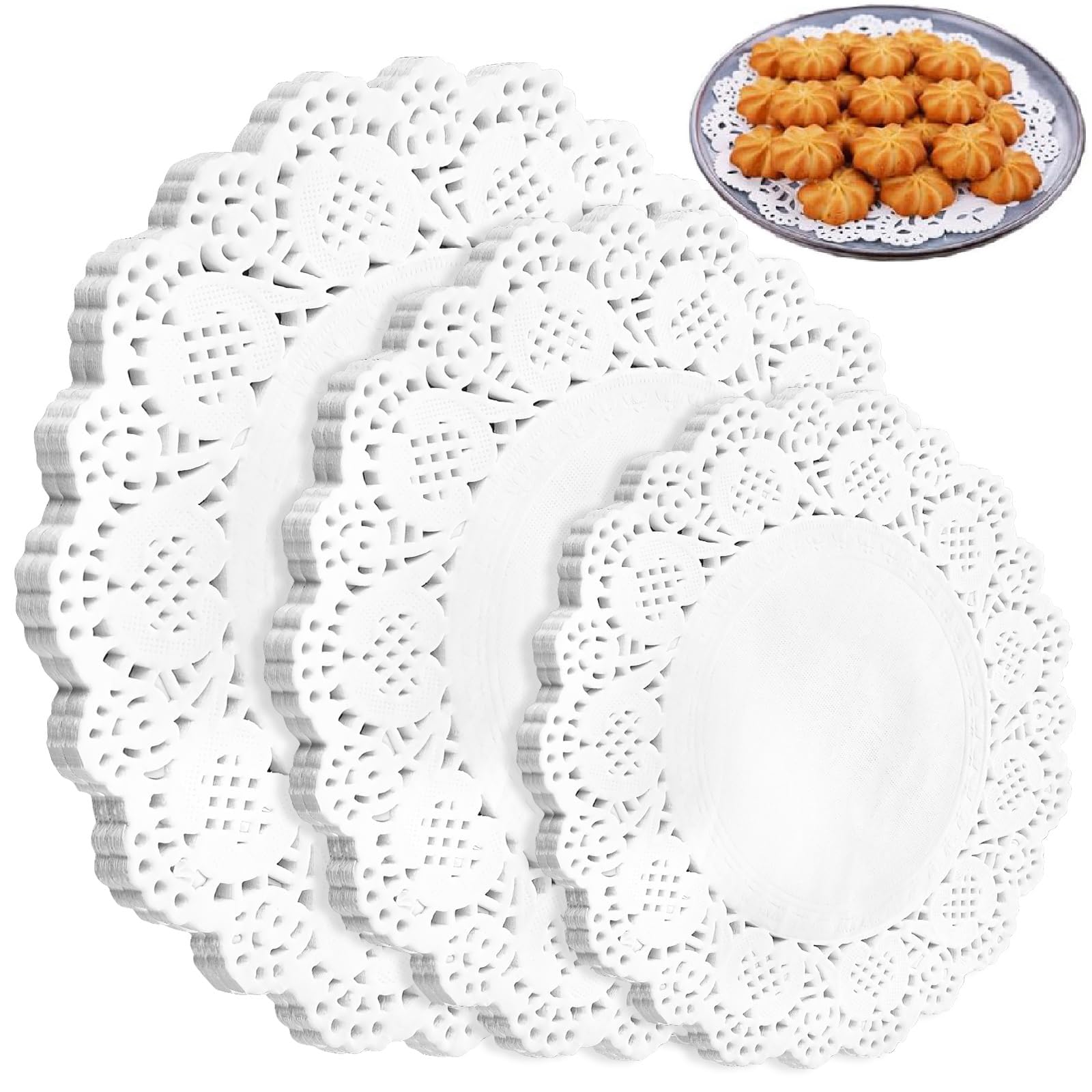 Jidyllic White Round Lace Paper,150 Pcs Round Paper Doilies Disposable Lace Doilies Decorative Paper Placemats Table Pads For Buffet Cake Fried Food Party Wedding Tableware Decoration, 3 Sizes