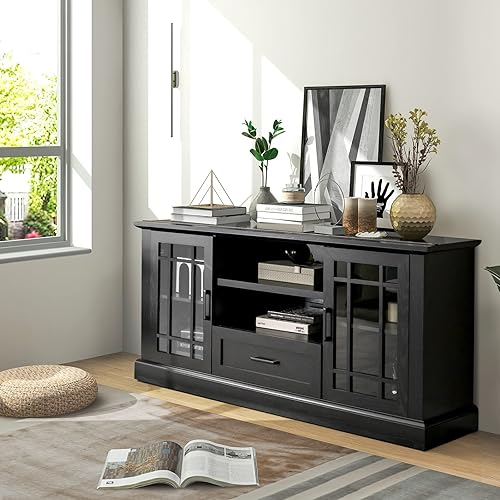 Miniatura 2 de Tangkula Soporte de TV de granja para TV de hasta 70 pulgadas mesa de consola multimedia alta con 2 puertas de cristal centro de entretenimiento con