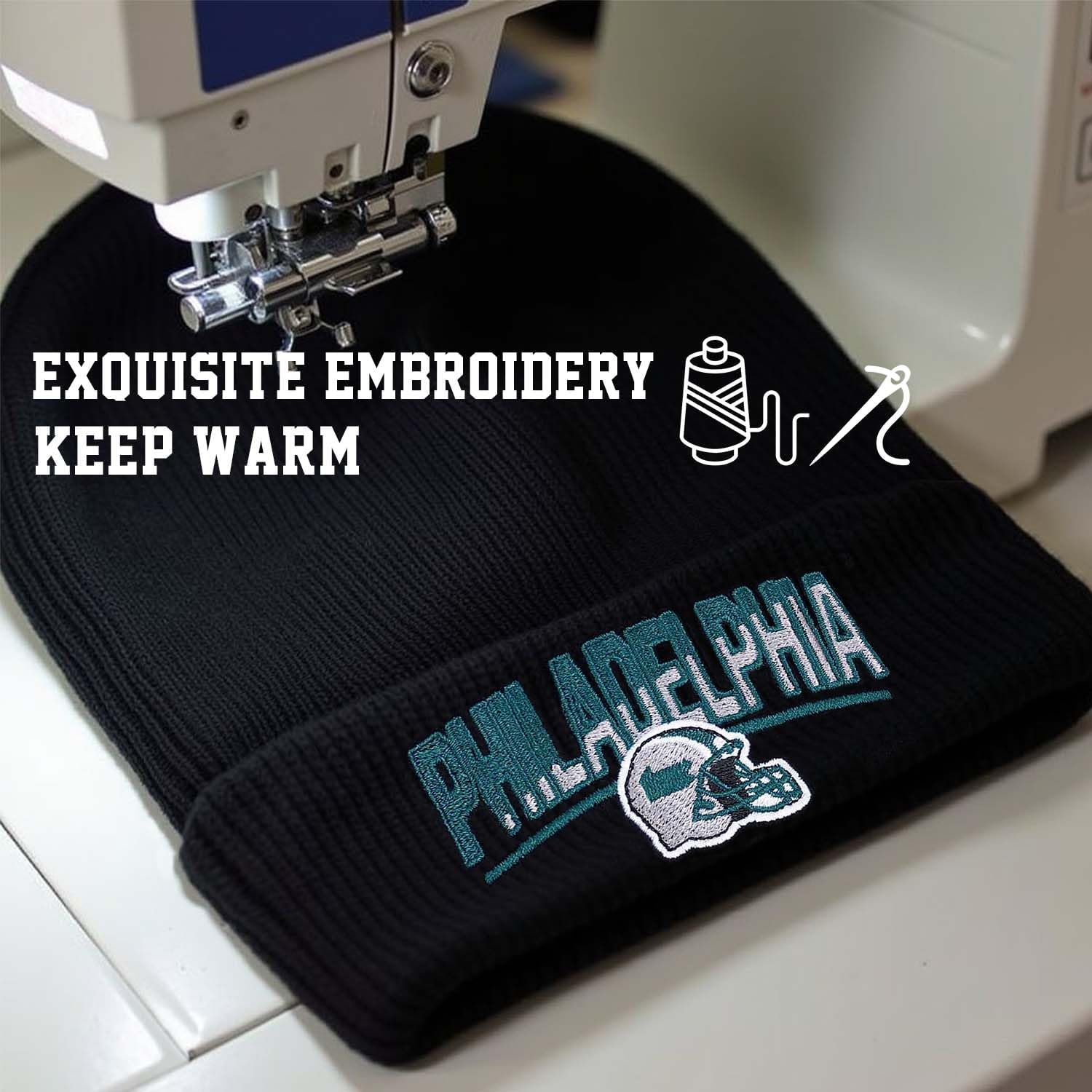 Football Fans Embroidered Beanie Hat, Football Team City Skull Beanie Hats Christmas Best Gift for Men Women - Image 3