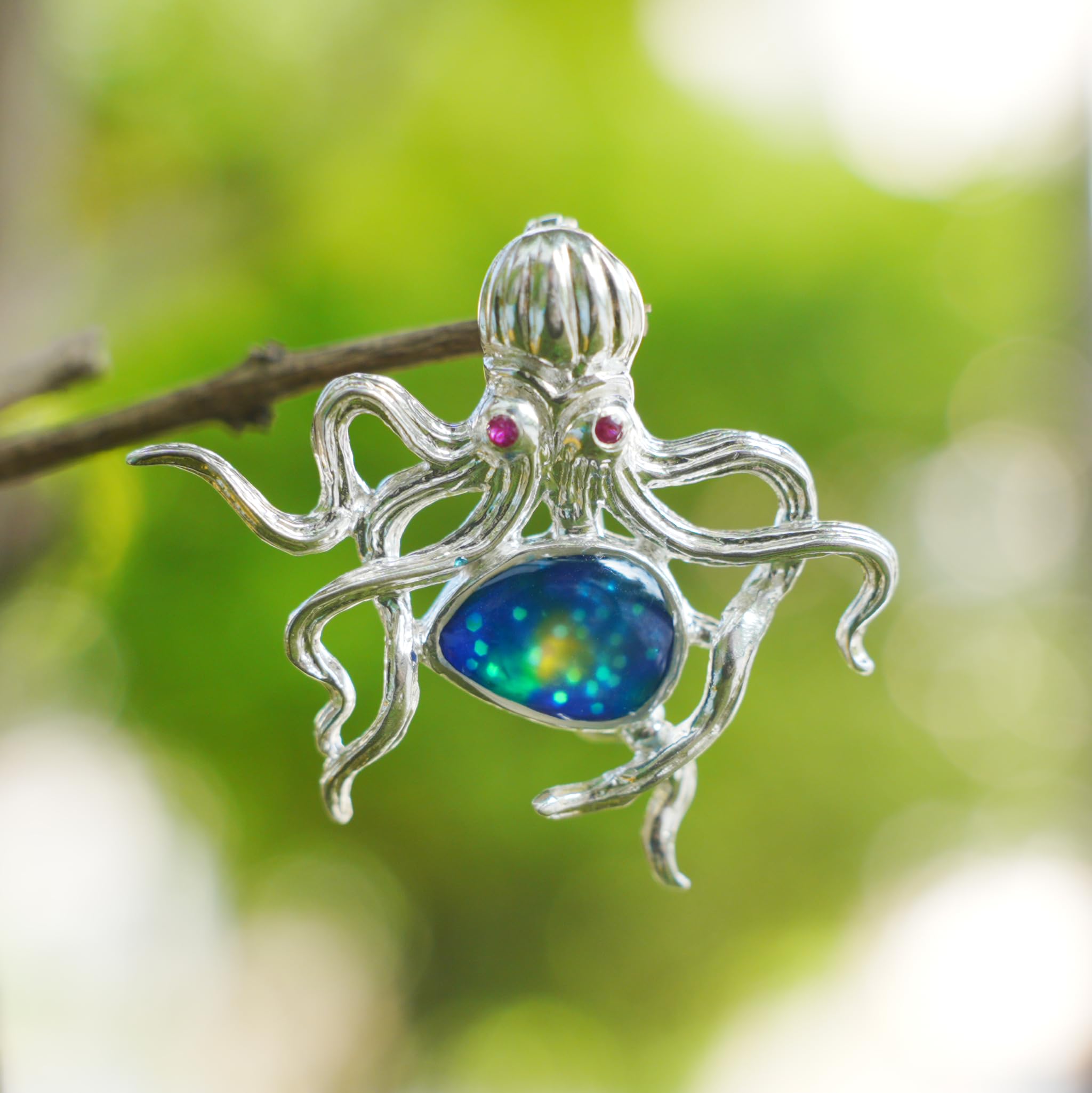 Generisch 925 Silber Oktopus Brosche Anhänger, Handbemalt mit Emaille und Farbglas, 2-in-1 Design Schmuck, Symbol für Weisheit & Meer, Geschenk für Damen & Herren