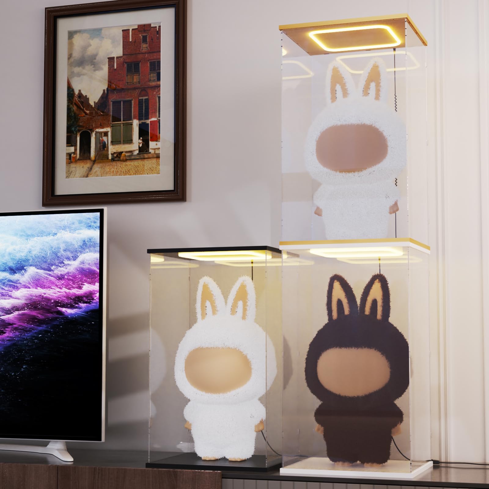 Vitrine Acrylique avec Lumière pour Labubu Zimomo I Found You & Angel in Clouds, Anti-Poussière Boite Plexiglass Vitrine pour Collection Lego 43263 76437 21335, 35 x 30 x 60 cm, Blanc