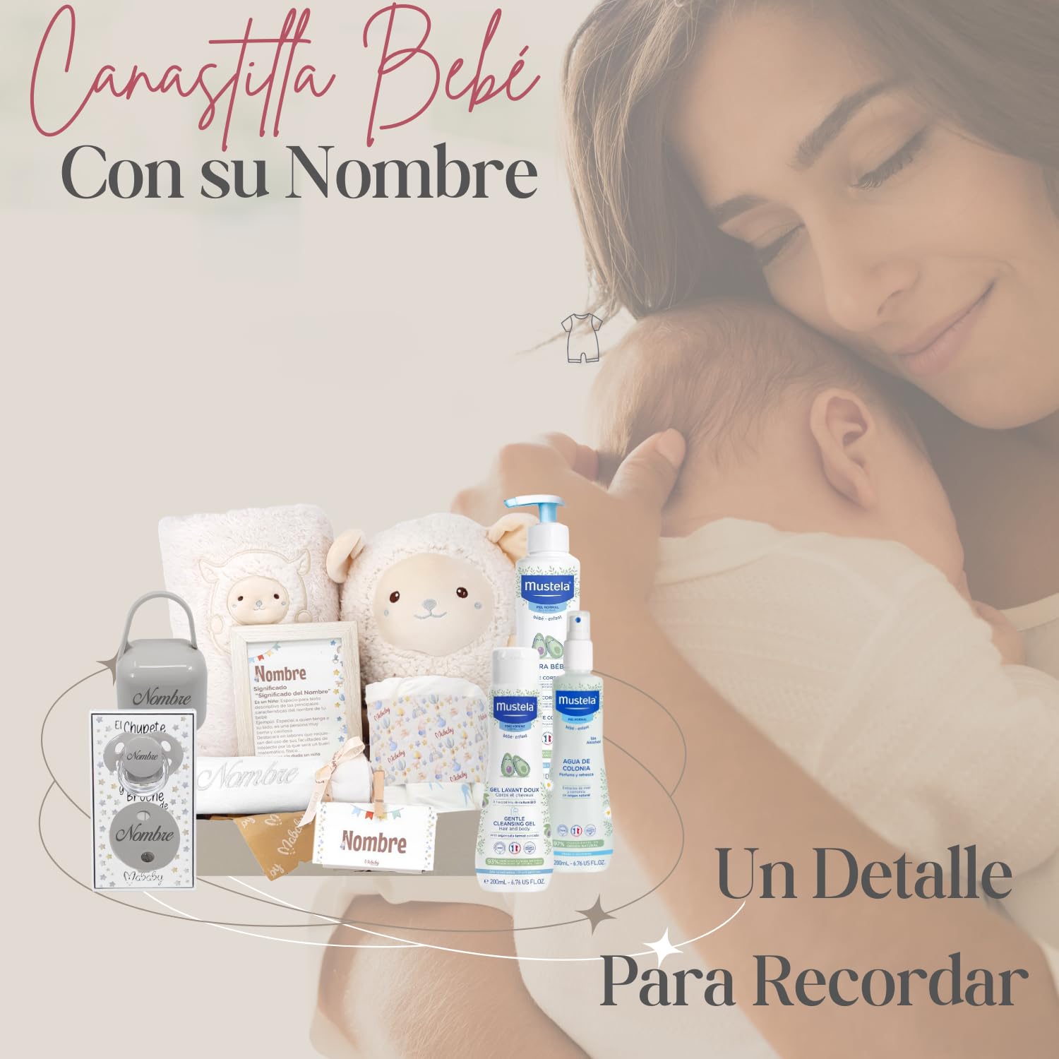 Cesta Regalo Bebé Personalizada Happy Ovejita Deluxe con Peluche, Manta Suave, Set de Higiene, Gasa Bordada, Chupete con Nombre, Cadena, Guardachupete y Marco (Ovejita Azul)