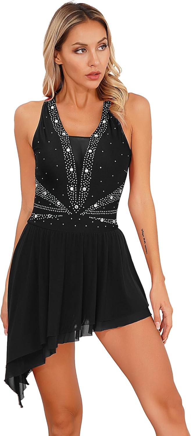 Women Adult Lyrical Dance Dress Modern Contemporary Costume Halter Neck Figure Skating Dress Ballet Dancewear