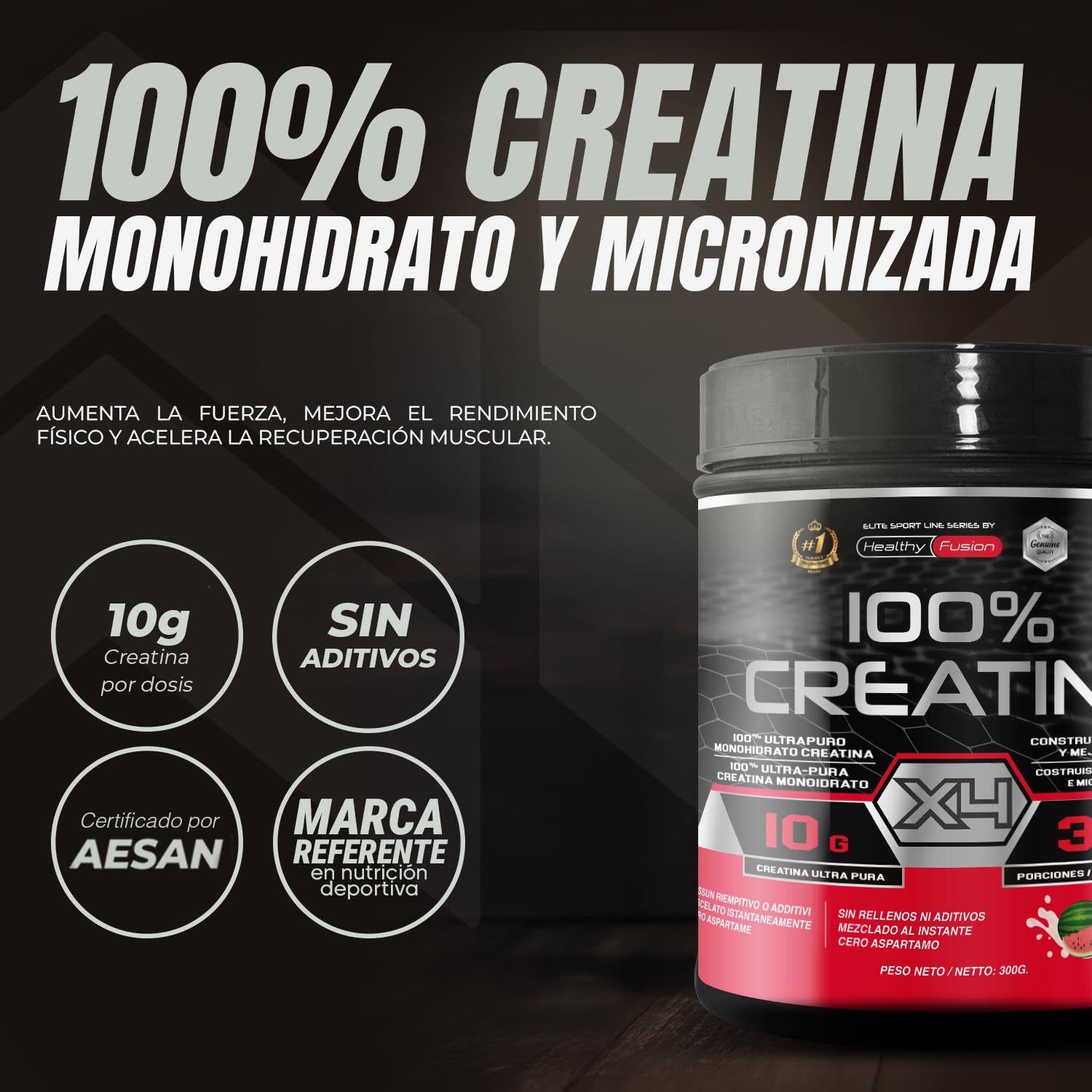 Healthy Fusion 100% Creatina Monohidrato, Alta dosis | 10gr de Creatina por toma | Promueve el crecimiento muscular y mejora la resistencia física | Alta solubilidad | 300g sabor sandía