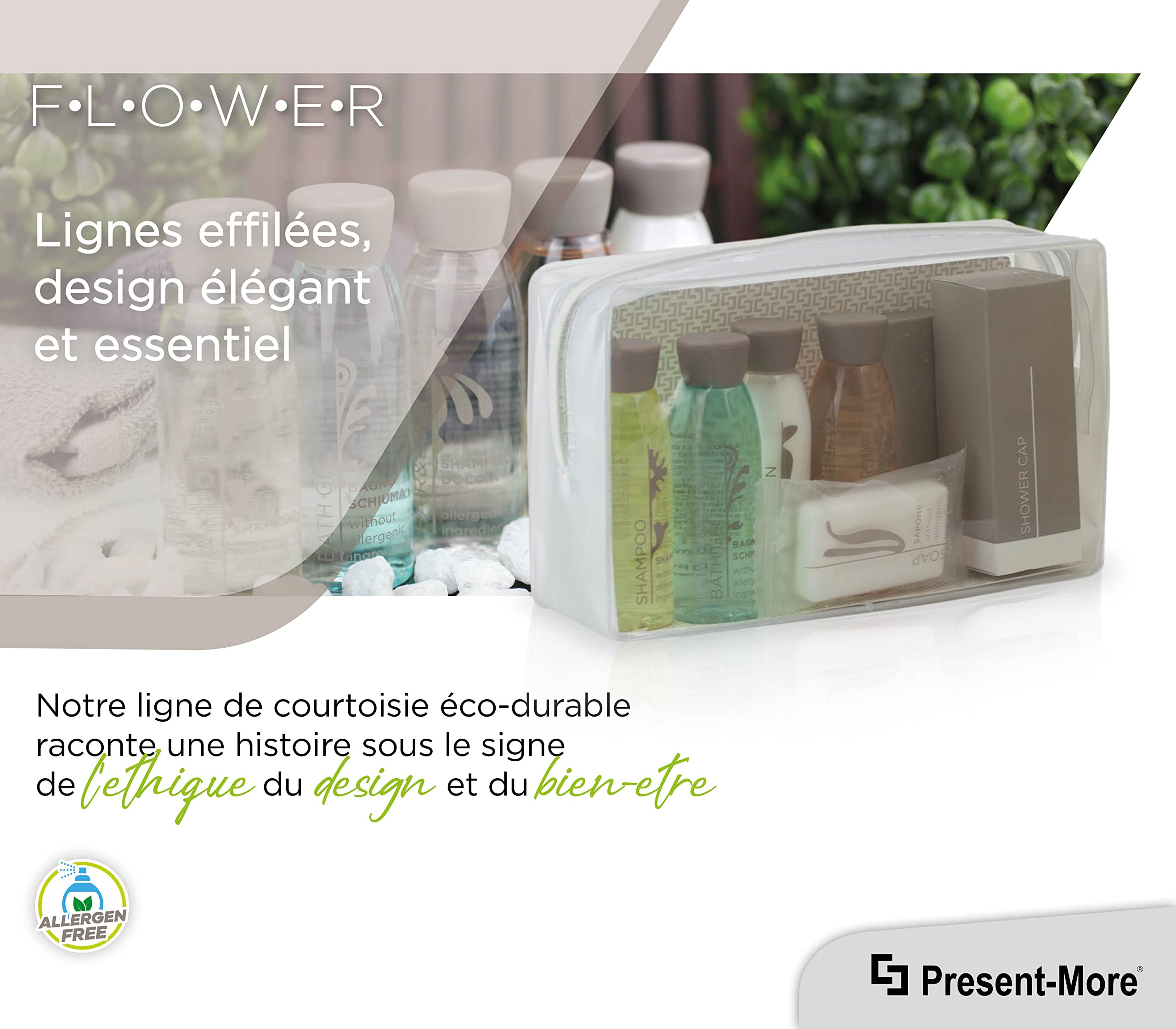 PRESENT-MORE - Kit Accueil 24 Invités Flower - Parfum Thé Vert - Contenu: Shampooing, Gel Douche, Crème, Gel Intime, Savon et Accessoires - Pour Hôtels et B&B