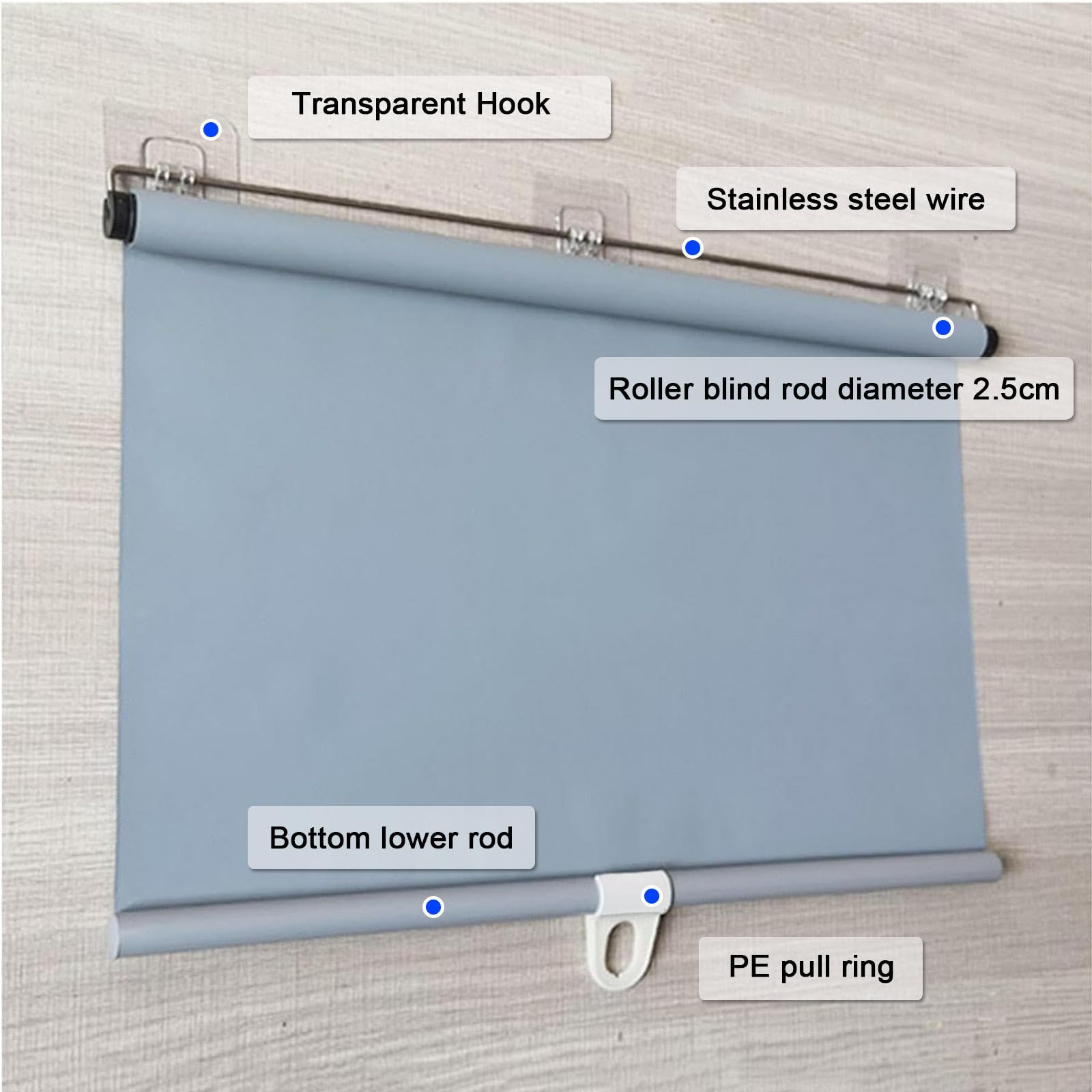 Tende a Rullo Termoisolanti Senza Forare,Tende Oscuranti,Tende Avvolgibili Retrattili Automatiche,Tende Temporanee per Porte E Finestre,con Gancio Trasparente,Grey-72x150cm(28.3x59in)