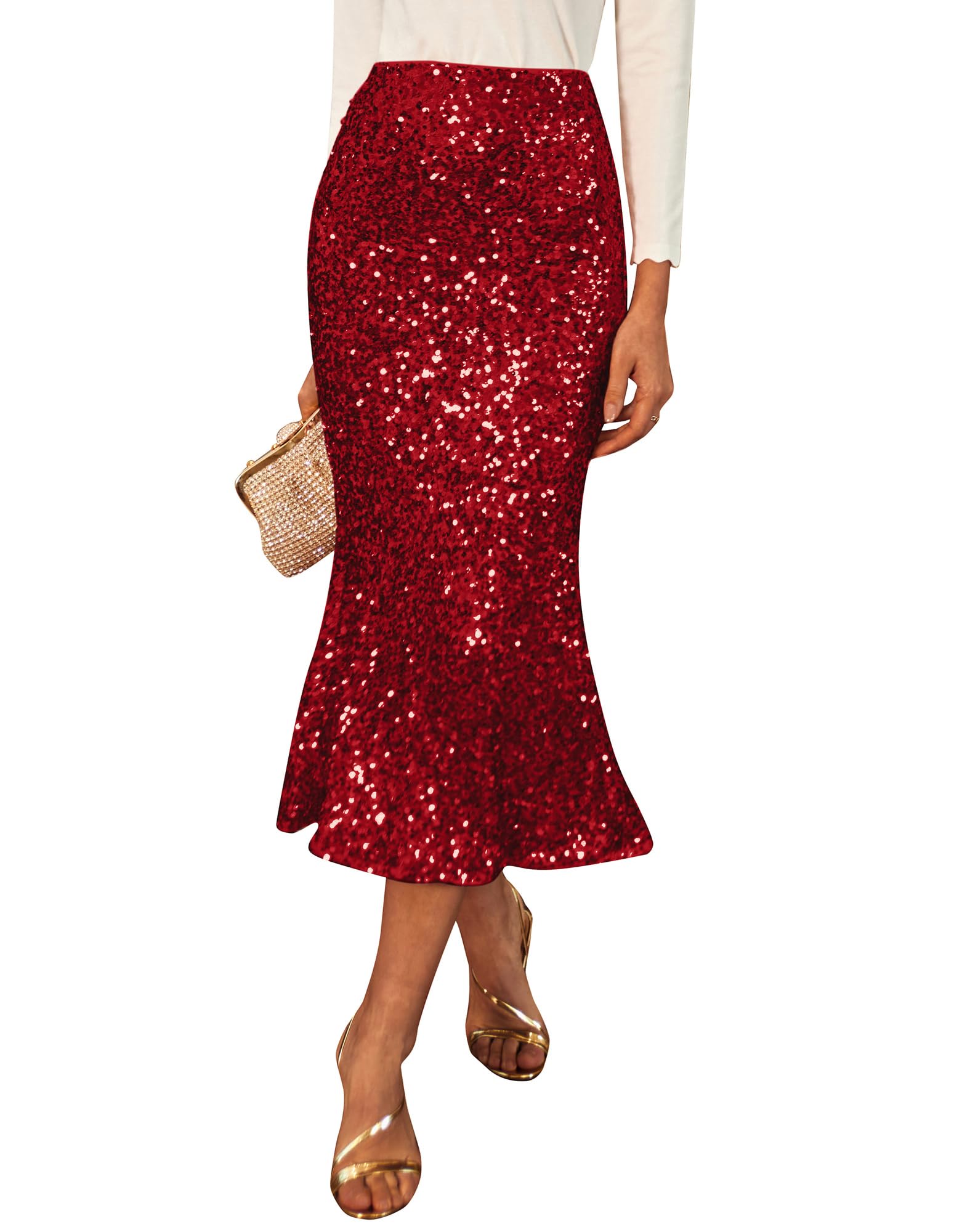 GRACE KARINWomen's Sequin Skirt Elastic High Waist Ruffled Hem Night Out Party Bodycon Midi Skirt