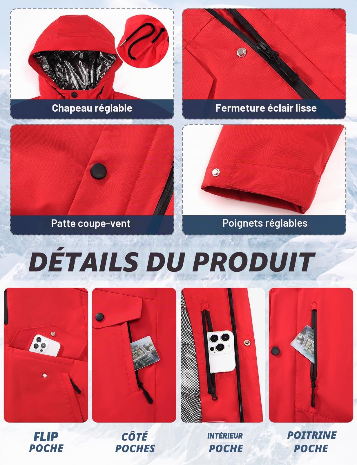 Voqeen Veste de Ski Imperméable Hiver Homme Manteau Chaud avec Capuche Amovible Manteaux Coupe-Vent avec Multi Poches de Randonnée