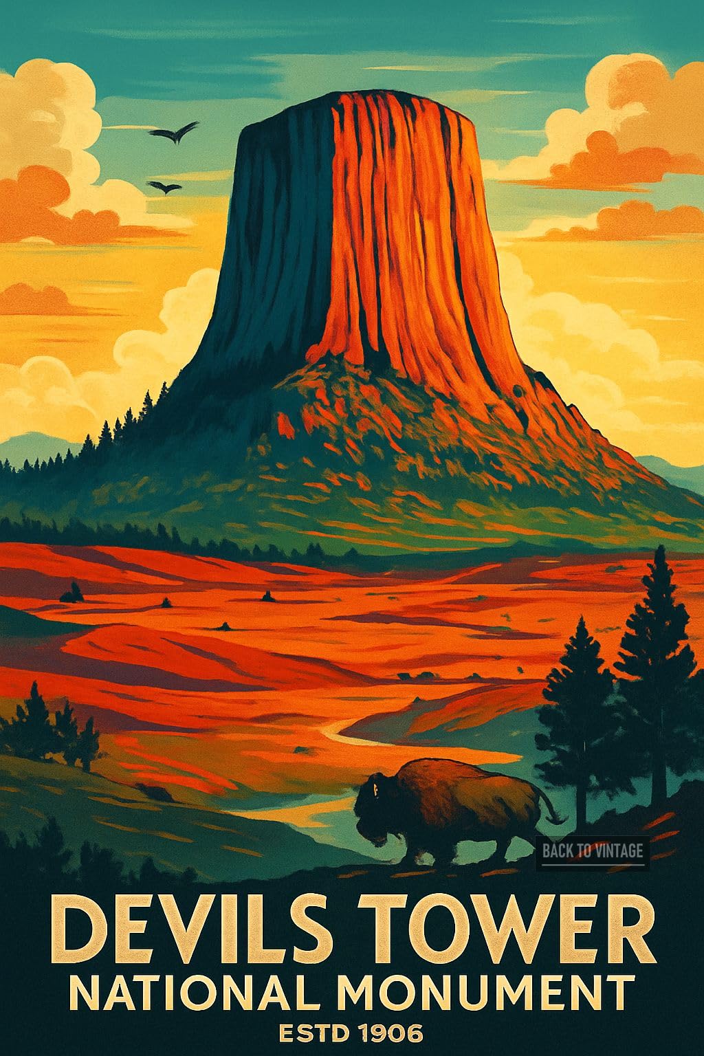 Vintage Poster Depicting Devils Tower National Monument's Majesty_result - A4 Travel City Poster Wall Art Home Decor Art Print Featuring Urban Landmarks and Global Views for Stylish Interior Display