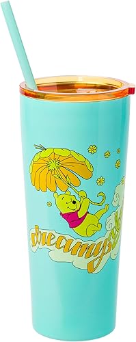 Silver Buffalo Disney Winnie The Pooh Retro Art Dreamy Days - Vaso de acero inoxidable de doble pared con pajilla, 20 onzas Silver Buffalo Disney Winnie The Pooh Retro Art Dreamy Days - Vaso de acero inoxidable de doble pared con pajilla, 20 onzas
