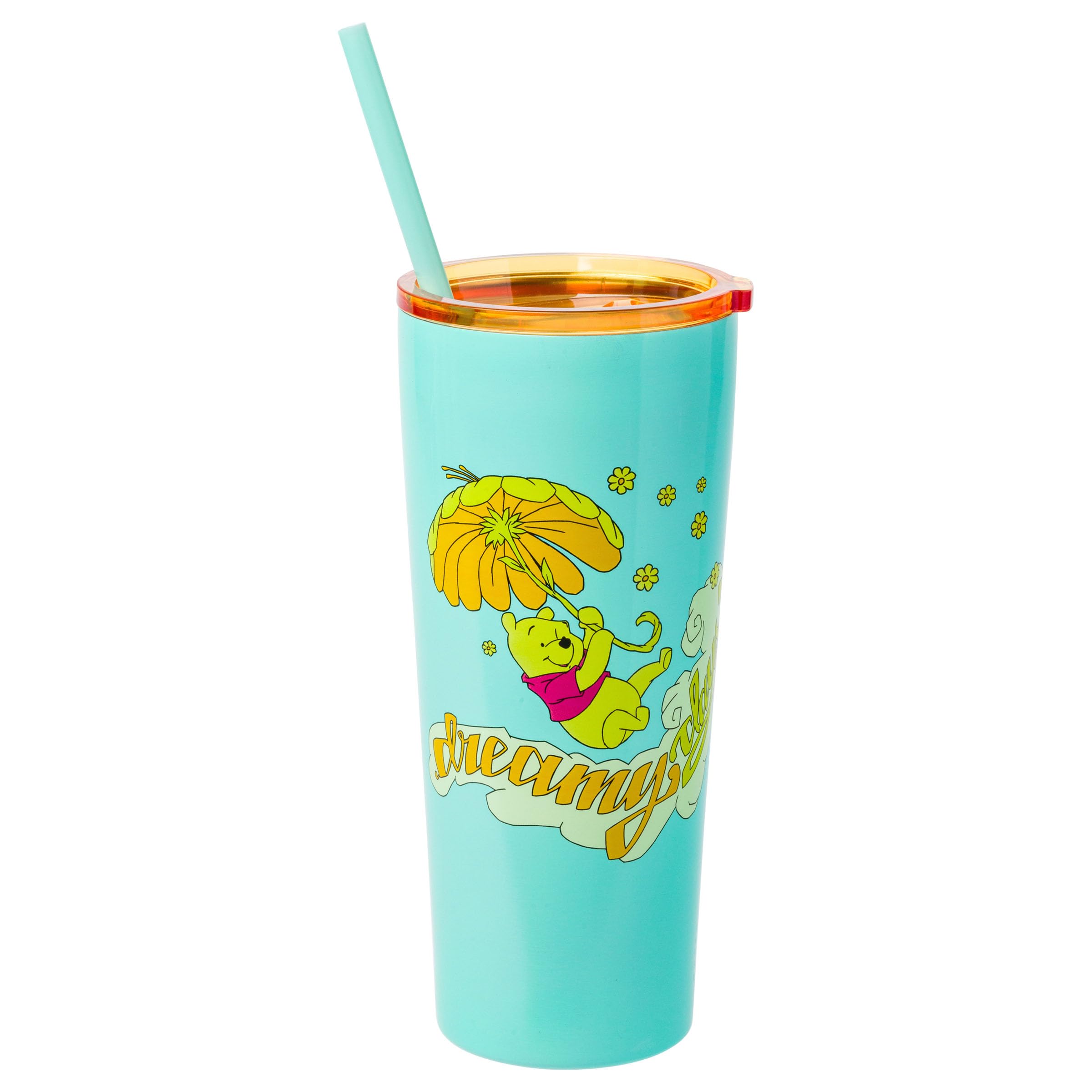 Silver Buffalo Disney Winnie The Pooh Retro Art Dreamy Days Double Walled Stainless Steel Tumbler with Straw, 20 Ounces