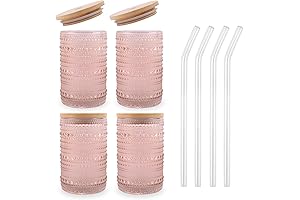 Vintage Pink Textured Striped Glass Cups - Set of 4