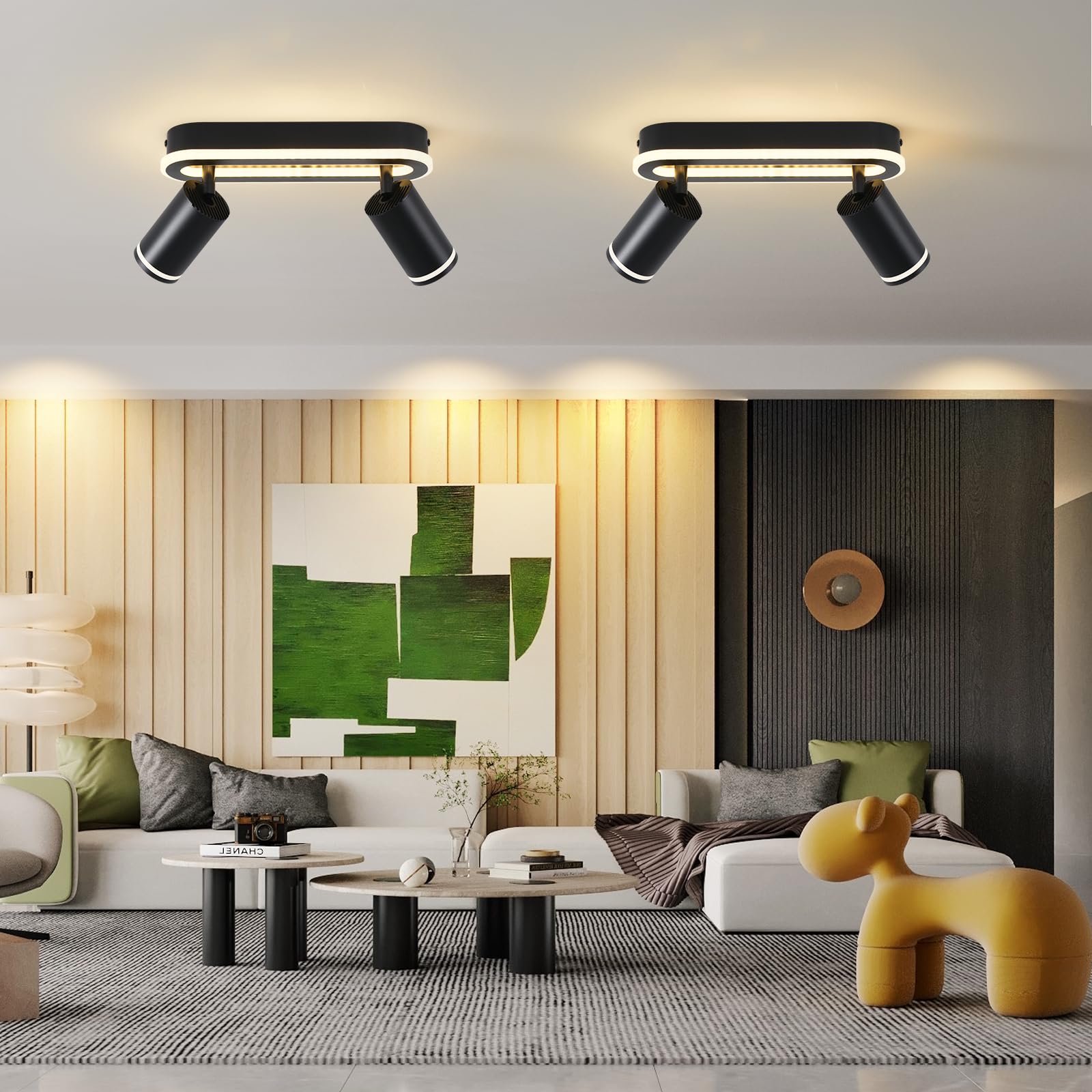 SANSHI Faretti da Soffitto Orientabili Interno LED 2 Luce,Faretti da Parete con Inferiore 15W+2x5W,GU10 Lampadario Faretti,Moderna Plafoniera Faretti Bianco Caldo 3000K per Cameretta Cucina Barra,Nero