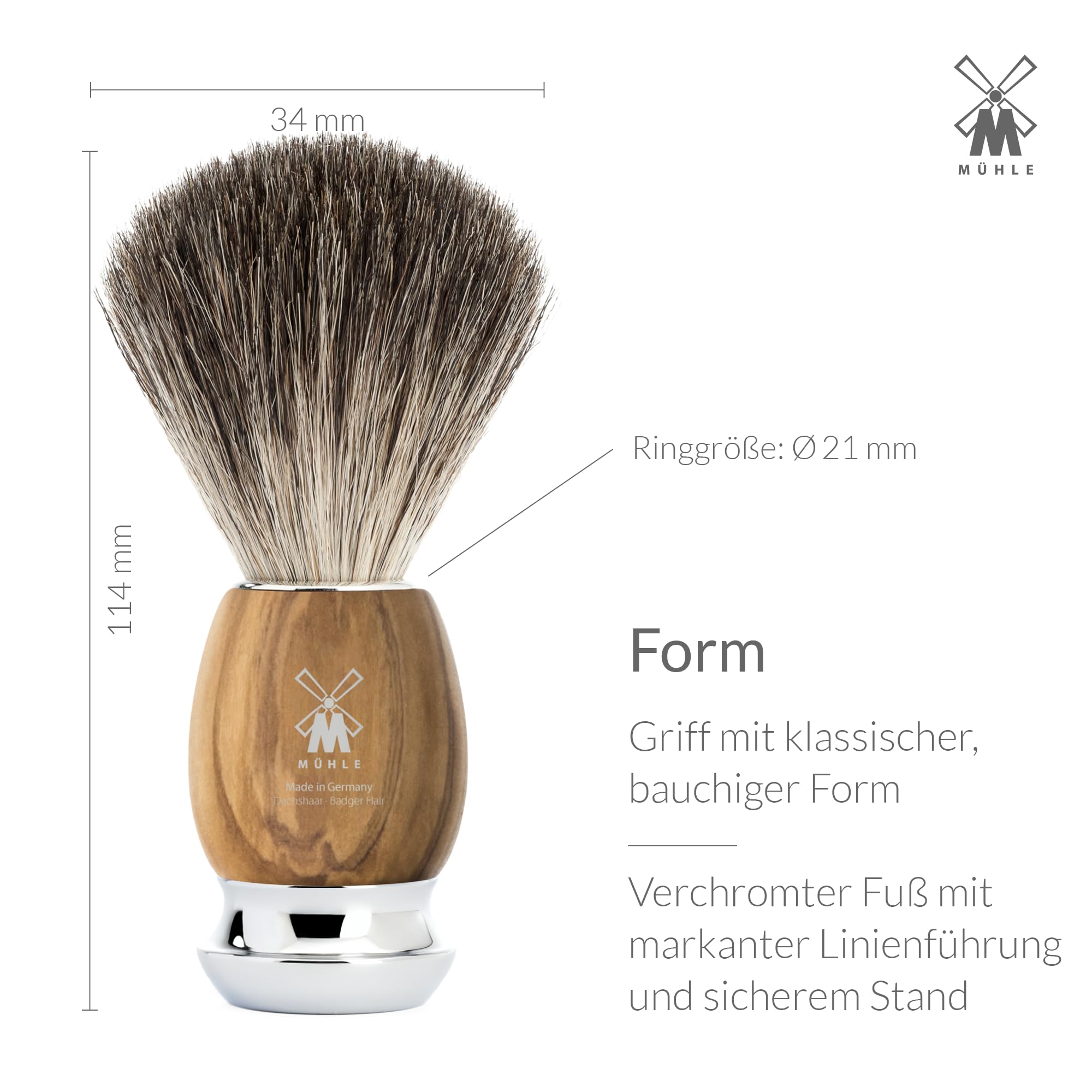 MÜHLE Vivo Rasierset - Rasierhobel, Rasierpinsel mit reinem Dachshaar, Halterung mit Schale, Griffe aus Olivenholz