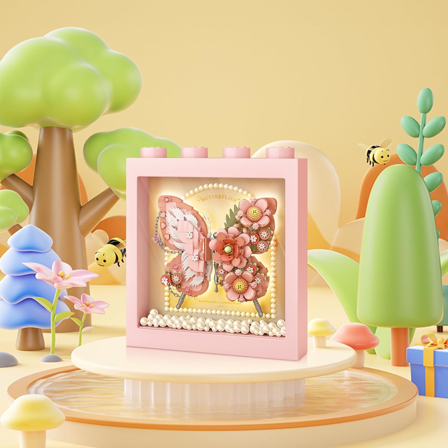 MEIEST Butterfly Picture Frame Building Blocks Set,Creative Flowers Building Set with Exquisite Frame,Fantasy Building Bricks Toys,Home Decor (Pink)