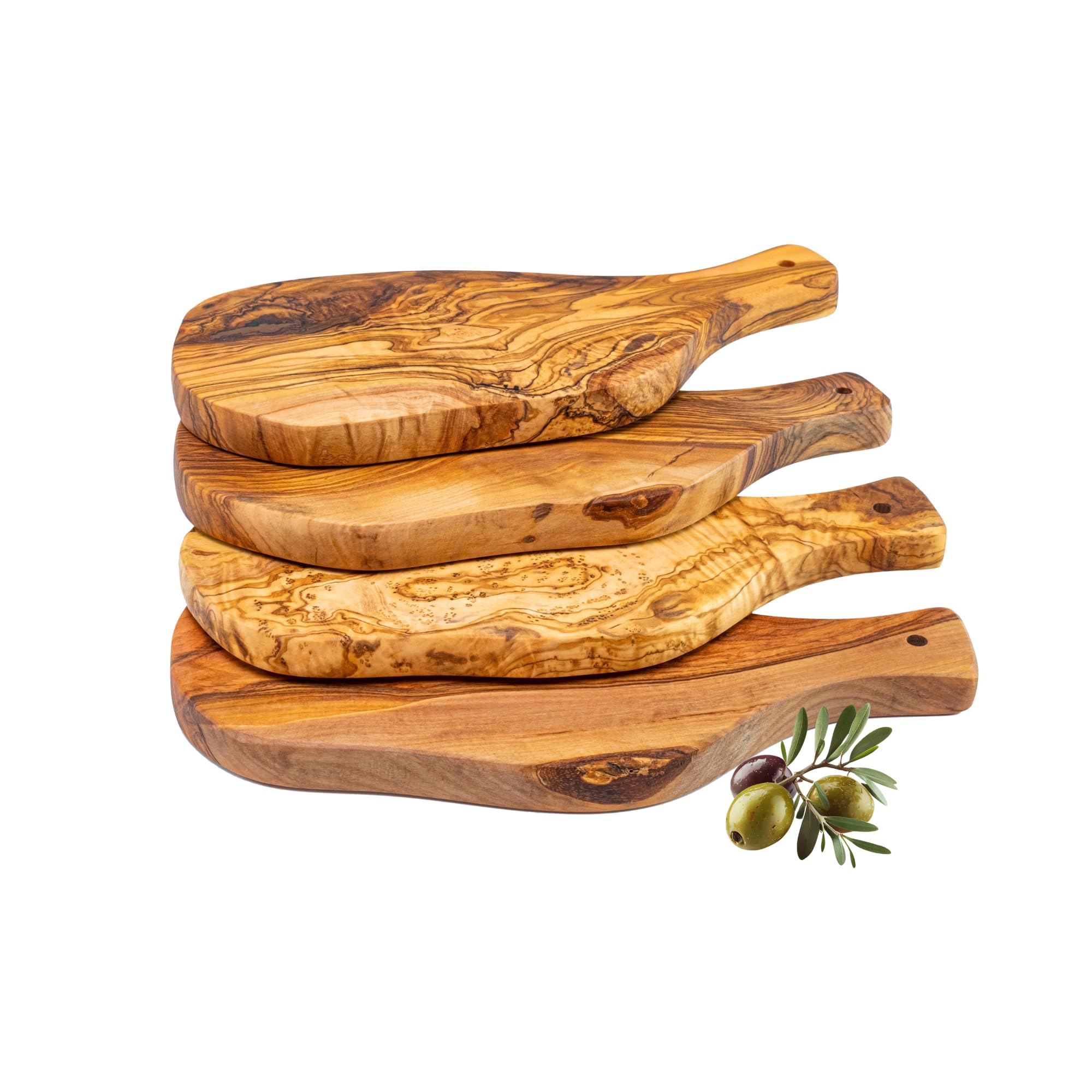 Erreke Tabla de Madera de Olivo Natural, Set de 4, 28 x 13 cm, Uso Diario | Set de 4 Tablas Pequeñas. Tabla Madera Cocina. Servir Quesos Embutidos Tapas. Estilo Mediterráneo. Para Cocina y Mesa