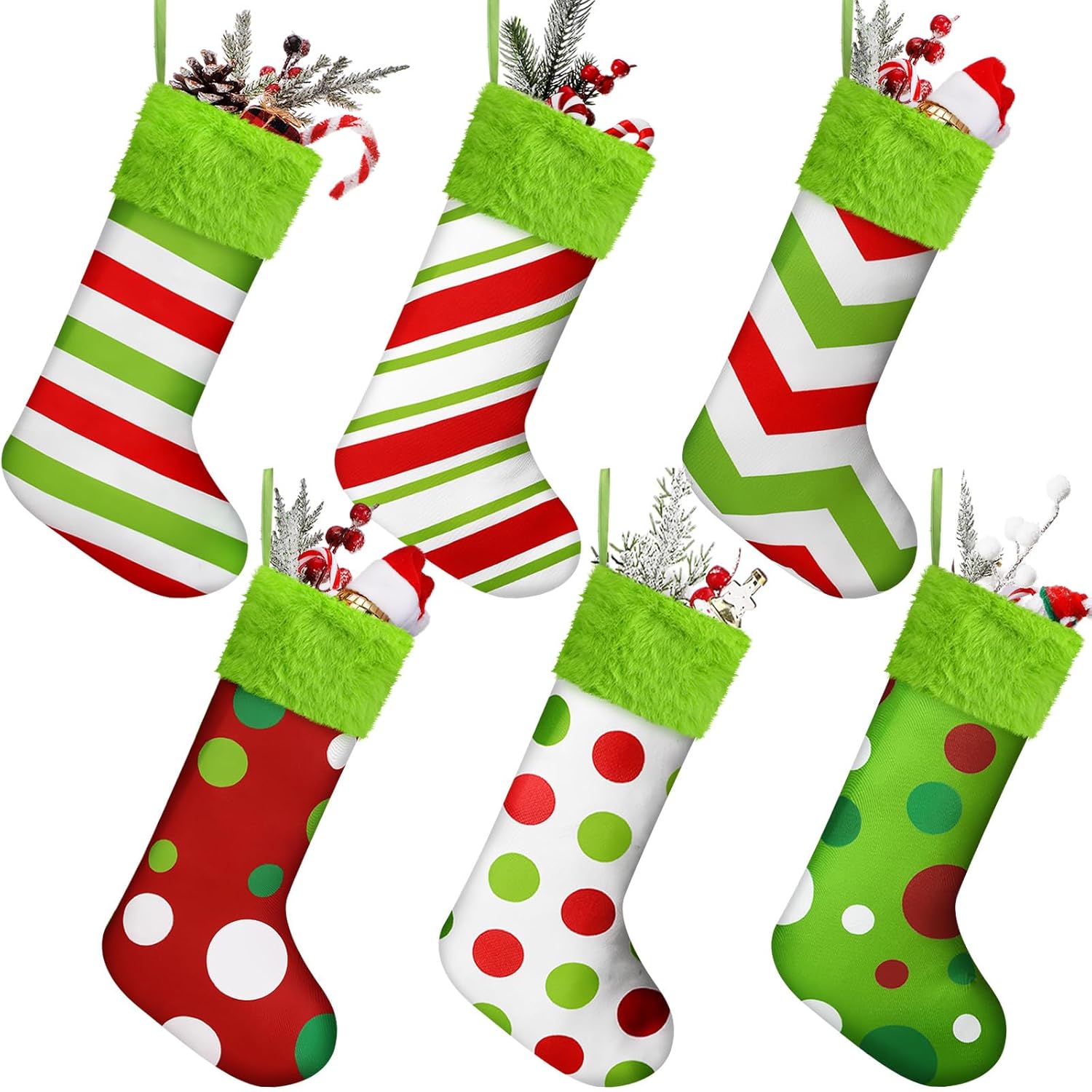6 Pcs Christmas Stockings 15 Inch Lime Green Faux Fur Elf Christmas Stockings Red and Green Xmas Fireplace Tree Hanging Decorations for Holiday Xmas Gift Family Party Decorations