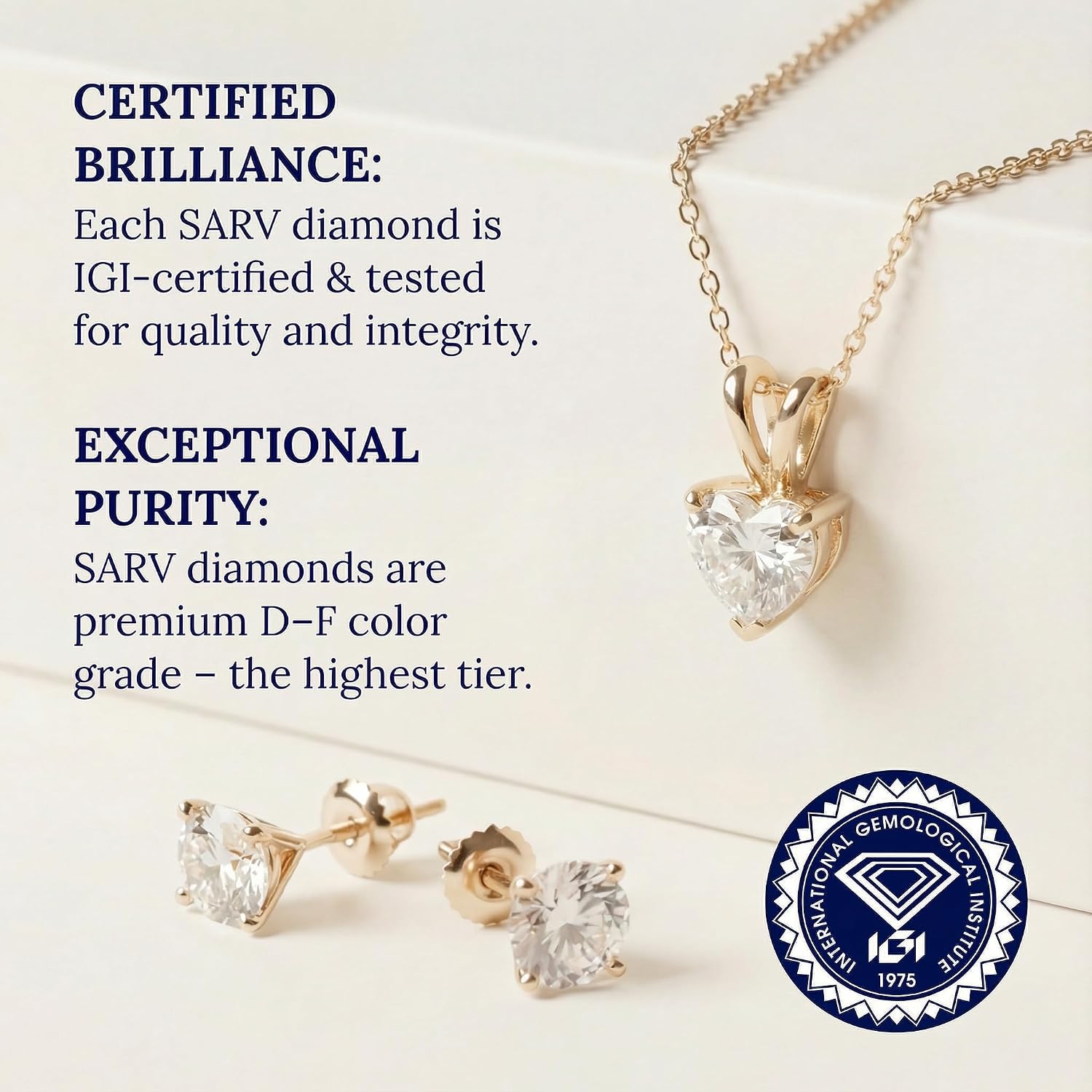 Sarv Lab Grown Diamond Pendant Necklace for Women 0.25 to 3 Carat in 14K Gold – IGI Certified Lab Diamond Studs, D–F Color, VVS Clarity, Warranty, Gift Ready