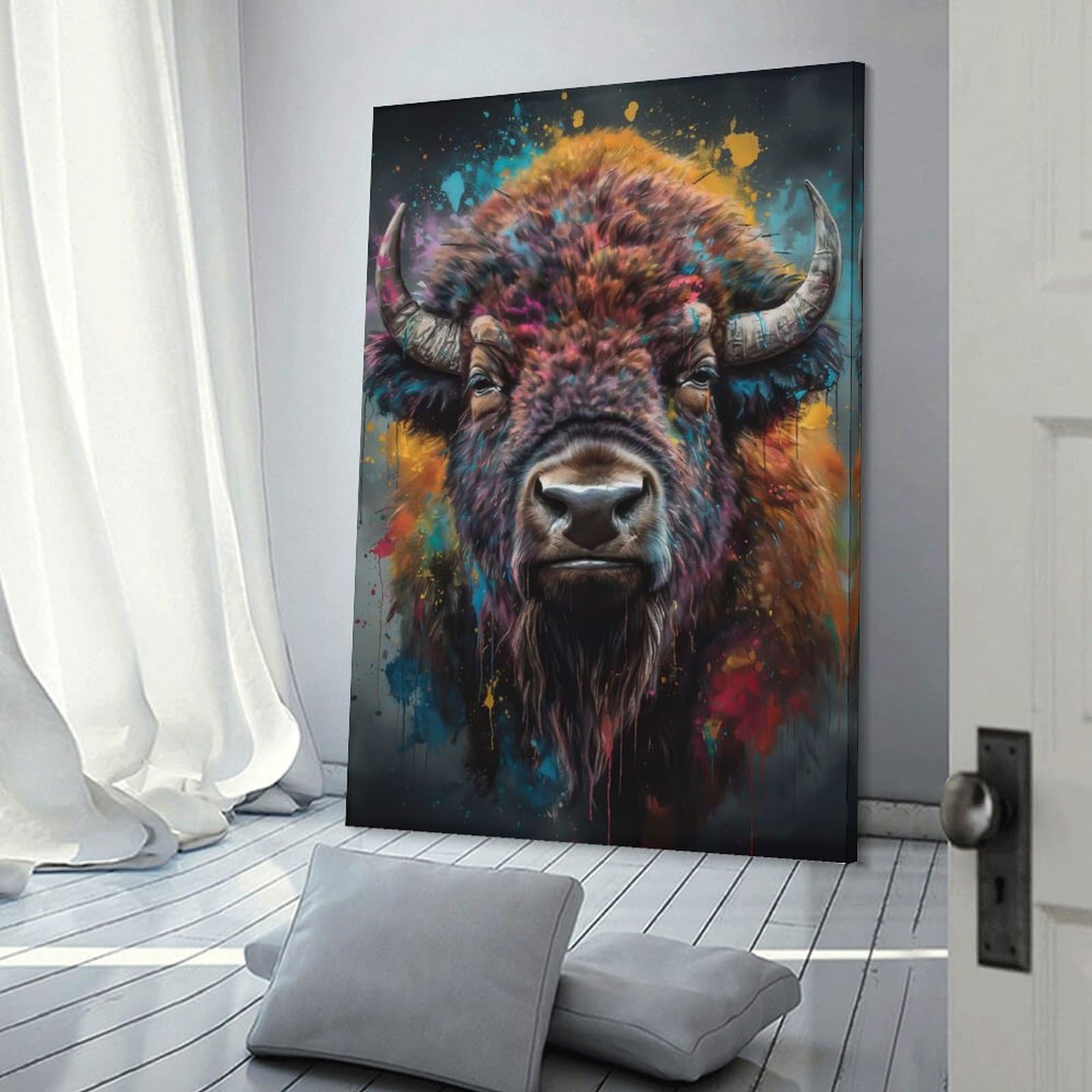 Junmoney Wall Picture Print Colorful Buffalo Painting, 20x30inch(50x75cm), for Wall Displays, Bedrooms Or Room Updates, Wall Decor Suited to Curated Displays