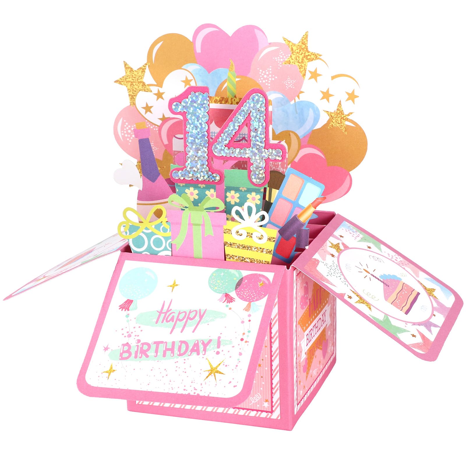 Biglietto Pop-up 3D Lucido 14th Happy Birthday con Busta, Cartolina Compleanno per Ragazza