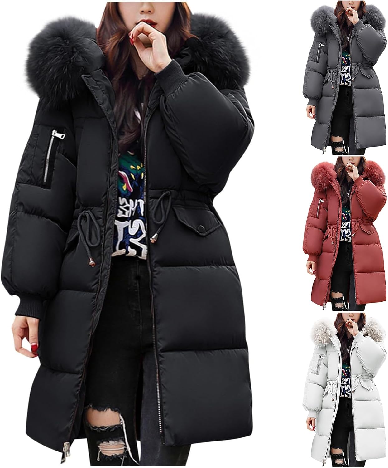 Kubbon Winter Coats for Women Long Quilted Padded Puffer Jacket Trendy Winter Warm Waterproof Thick Jacket with Fur Hood