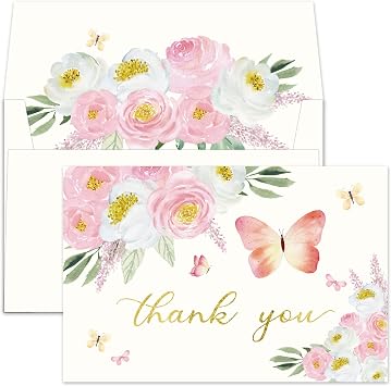Gooji 4x6 Butterfly Pink Floral Thank You Cards with Envelopes Bulk 20-Pack Matching Peel-and-Seal Envelopes, Watercolor, Birthday Party, Baby Shower, Weddings, Greeting