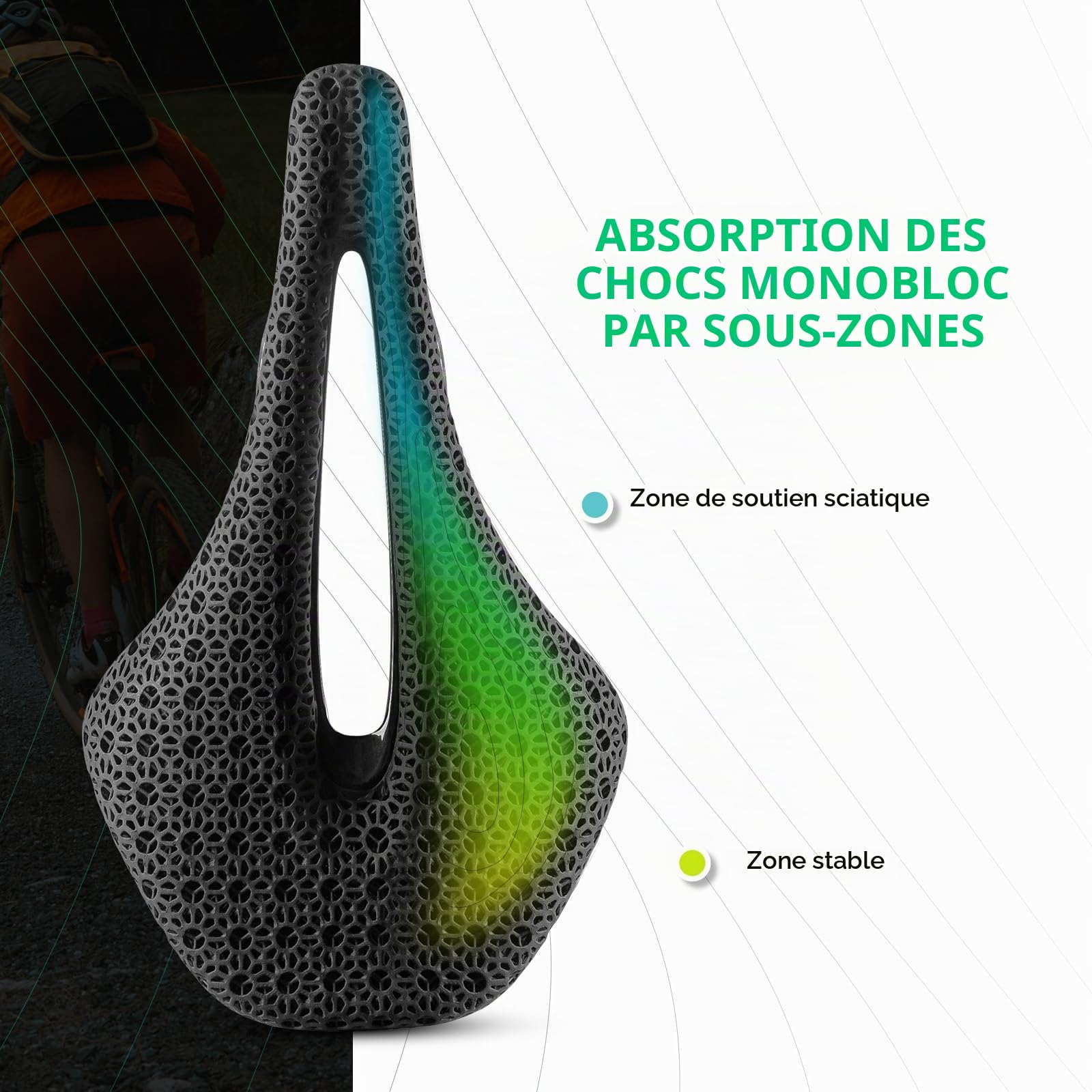 ROCKBROS Selle Imprimé 3D Carbon Vélo Route Antichoc Siège VTT Ergonomique Ultralégér Respirant Structure Réseau Cristallin Vélo Ville Vélo Course BMX Femme Homme Polyuréthane Noir Blanc Vert
