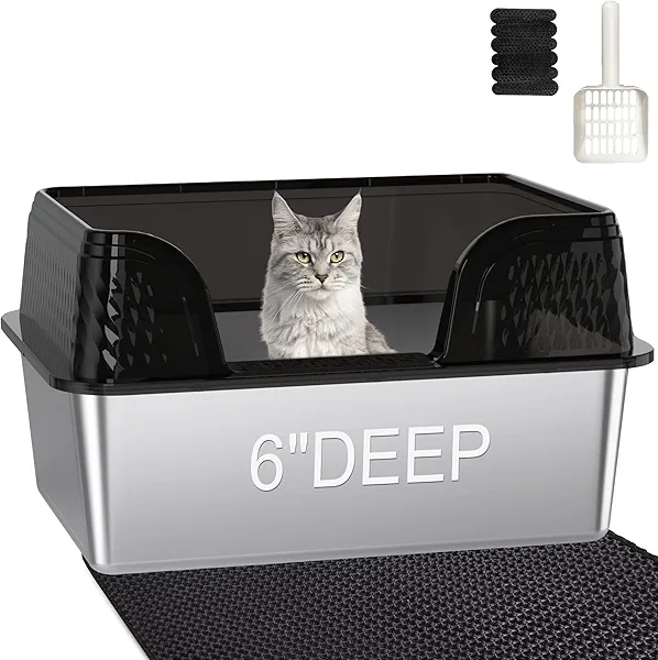 Kittenhood Stainless Steel Litter Box XL, Metal Litter Box with Lid - Extra Large Space with High Sides for Big Cats, Side Entry, Leak-Proof, Anti-Splashing, Transparent Black