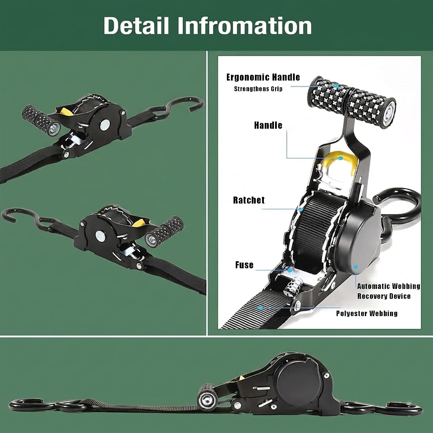 (2 Pack) Retractable Ratchet Straps 1" x 10ft (1500lb Break Strength) Auto Self Tie Down Straps with Rubber Coated Handle and No Loose Ends for Motorcycle, ATV, Truck, Trailer, Cargo & Moving
