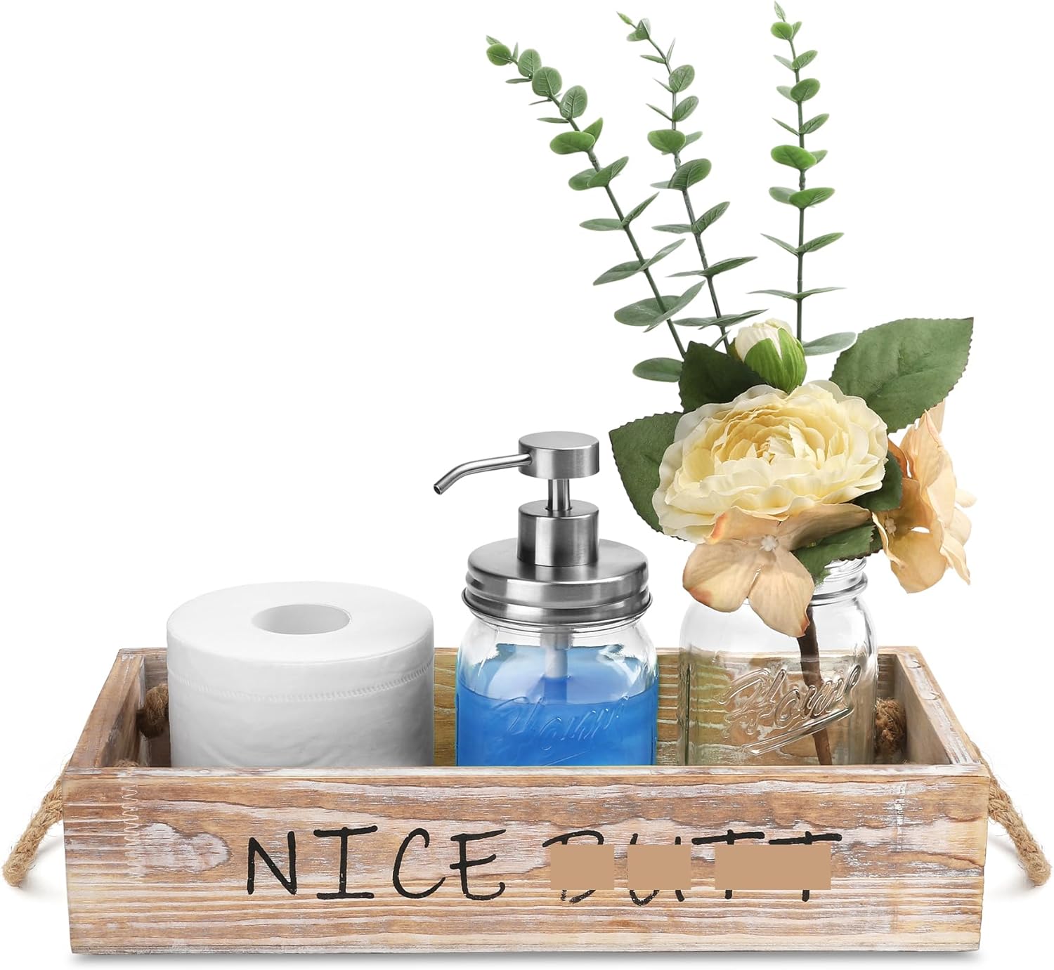Rustic Bathroom Decor Box, Besuerte Toilet Paper Holder, Back of Toilet Decor Wooden Basket, Bathroom Organizers and Storage with Mason Jar Soap Dispenser & Artificial Flower (Large, Rustic Gray)