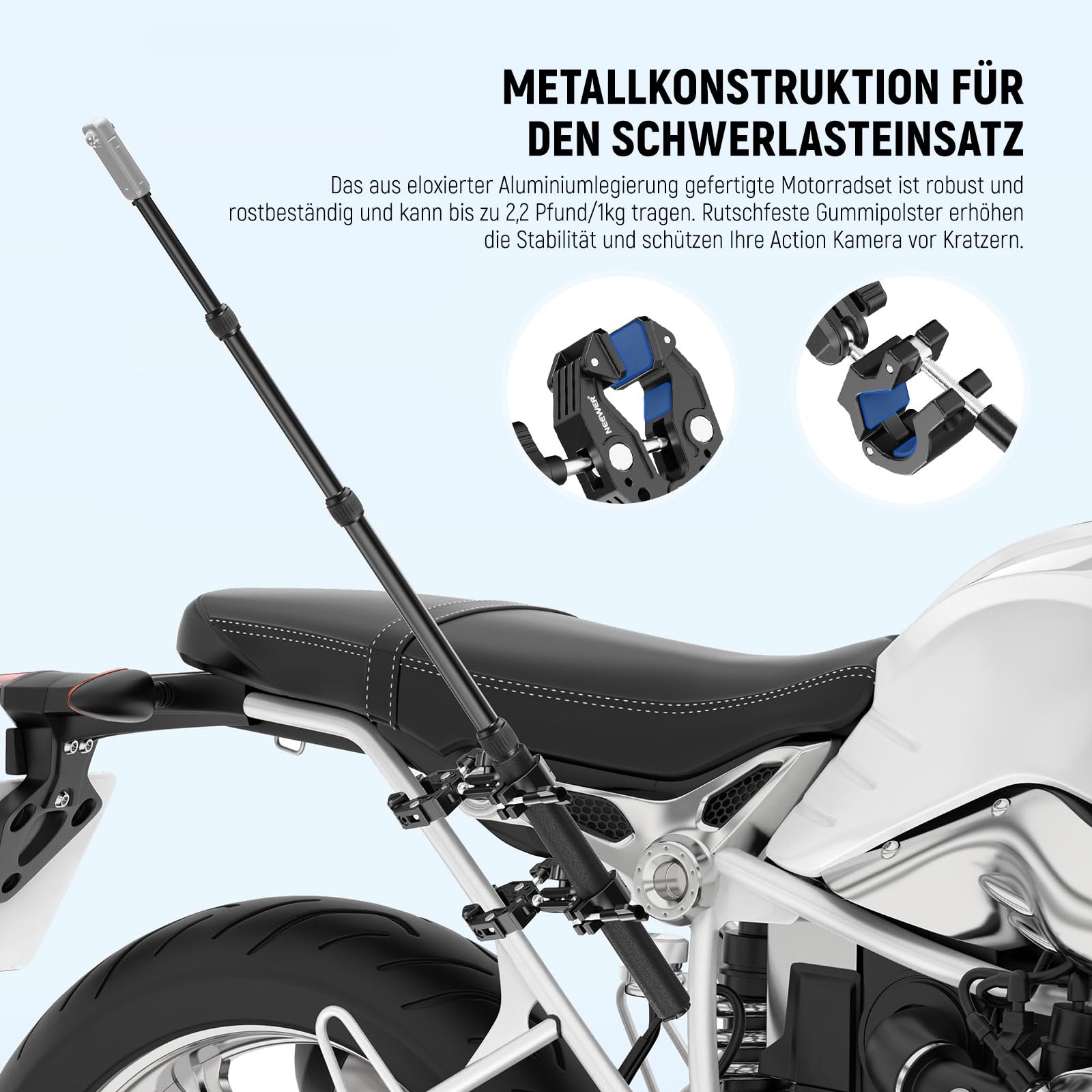 NEEWER Motorrad Kamerahalterung Set, unsichtbarer Selfie Stick für Fahrradlenker, 360°Kugelgelenke, Superklemmen und Reinigungstuch, kompatibel mit GoPro Insta360 DJI AKASO Action Kameras, GP-30