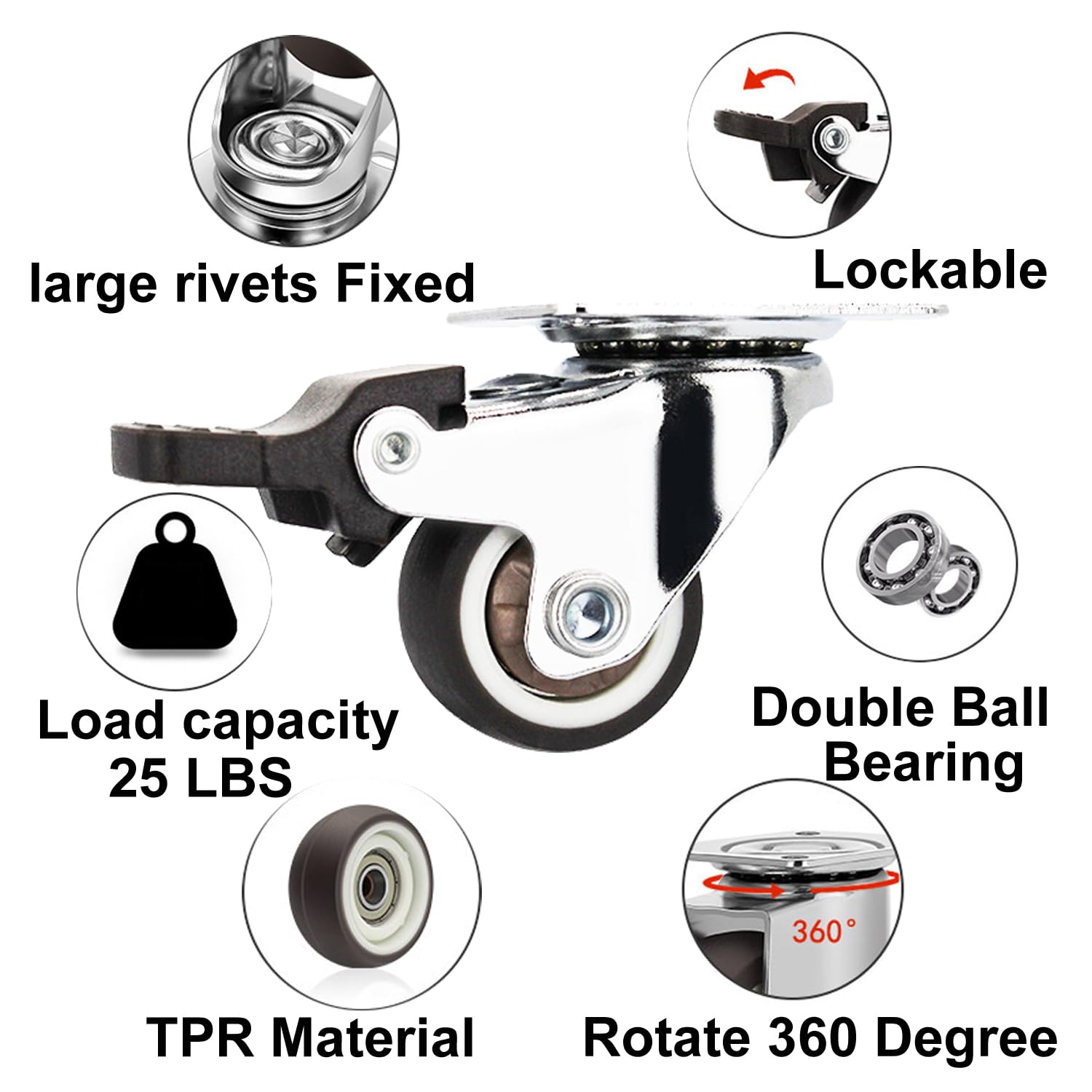 Urcollections 1 Inch Caster Wheels 4 Pack - Low Profile Soft Rubber Casters With Brake (2 Brake, 2 Non-Brake)