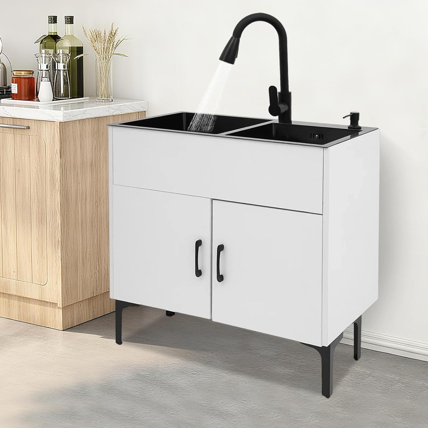 Kitchen Sink Cabinet Combo, 29.53x16.14 Inch Freestanding Stainless Steel Double Bowl Sink with Pull Down Faucet, 7.87 Inch Deep, 30.71 Inch Height, Utility Sink for Home, Restaurant, Laundry