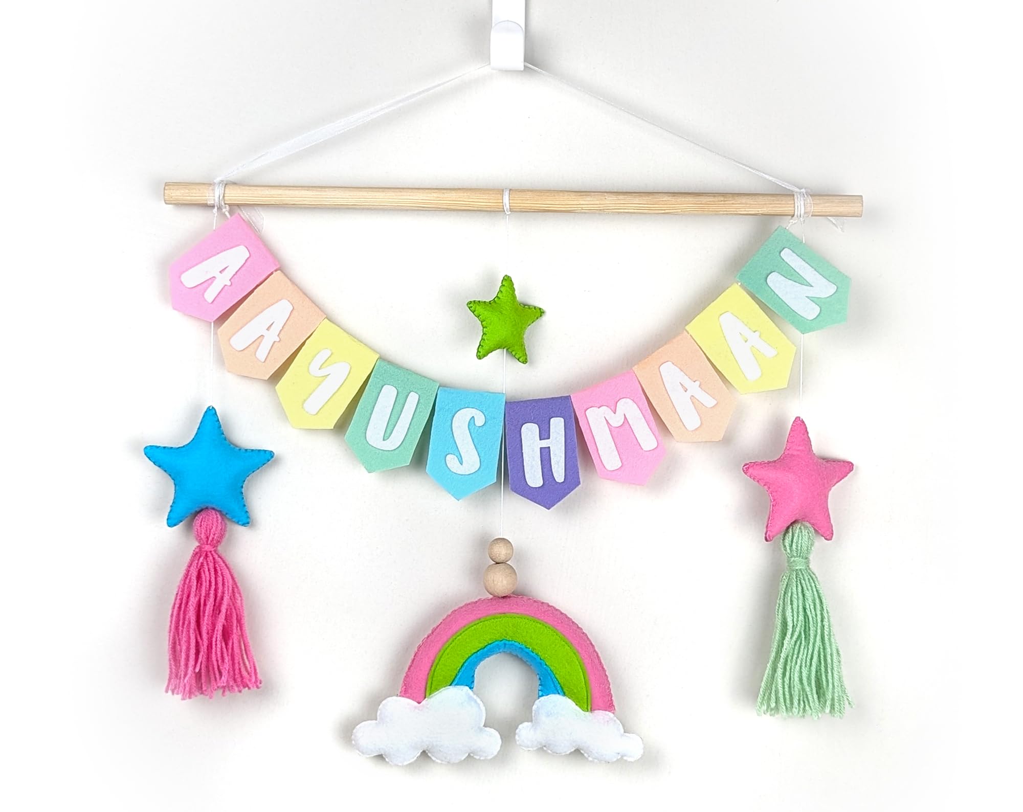 AGD Handmade Pastel Rainbow Name Wall Hanging, Custom Name Banner, Felt Fabric Wall Hanging with Tassels, Stars and Cloud Decor, Kids Room Decoration-image-18