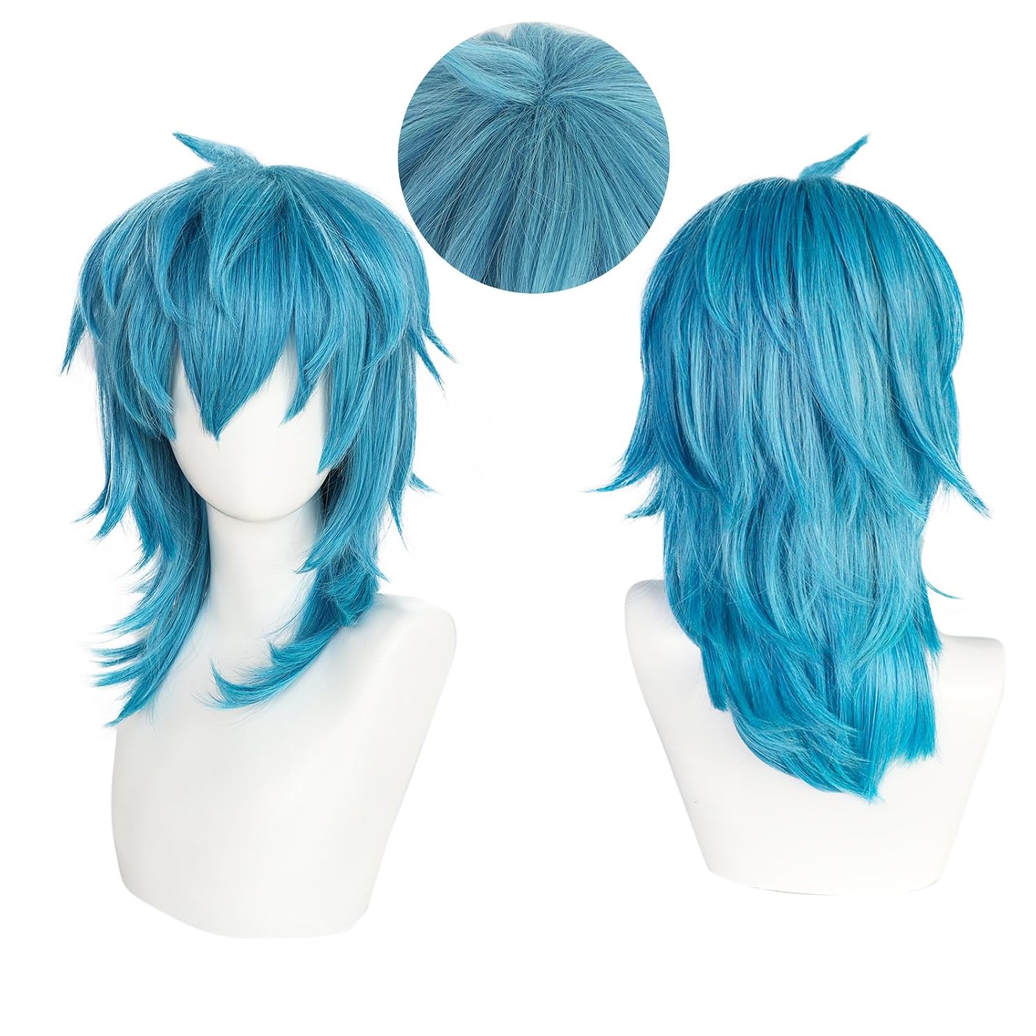 ANOGOL Hair Cap+Blue Wig with Bangs Aqua Cosplay Wig Shoulder Length Hair with Bangs Short Layered Medium Light-blue Wigs for Men Women Anime Outfit for Halloween Party Blue Mullet Wigs