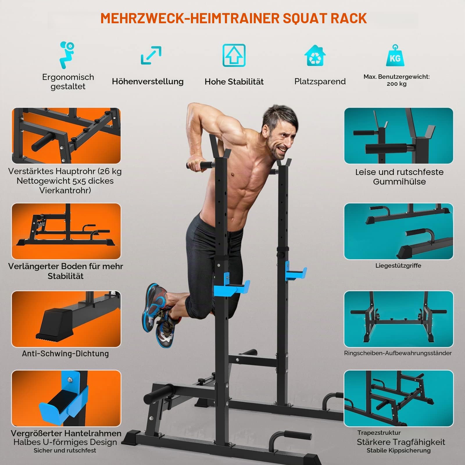 Squat Rack Multi-Funktions Barbell Rack Höhenverstellbarer Hantelständer für Sportstudio Zuhause Gewichtheben Bankdrücken Dip-Station Tragbare Krafttraining Kurzhantelablage