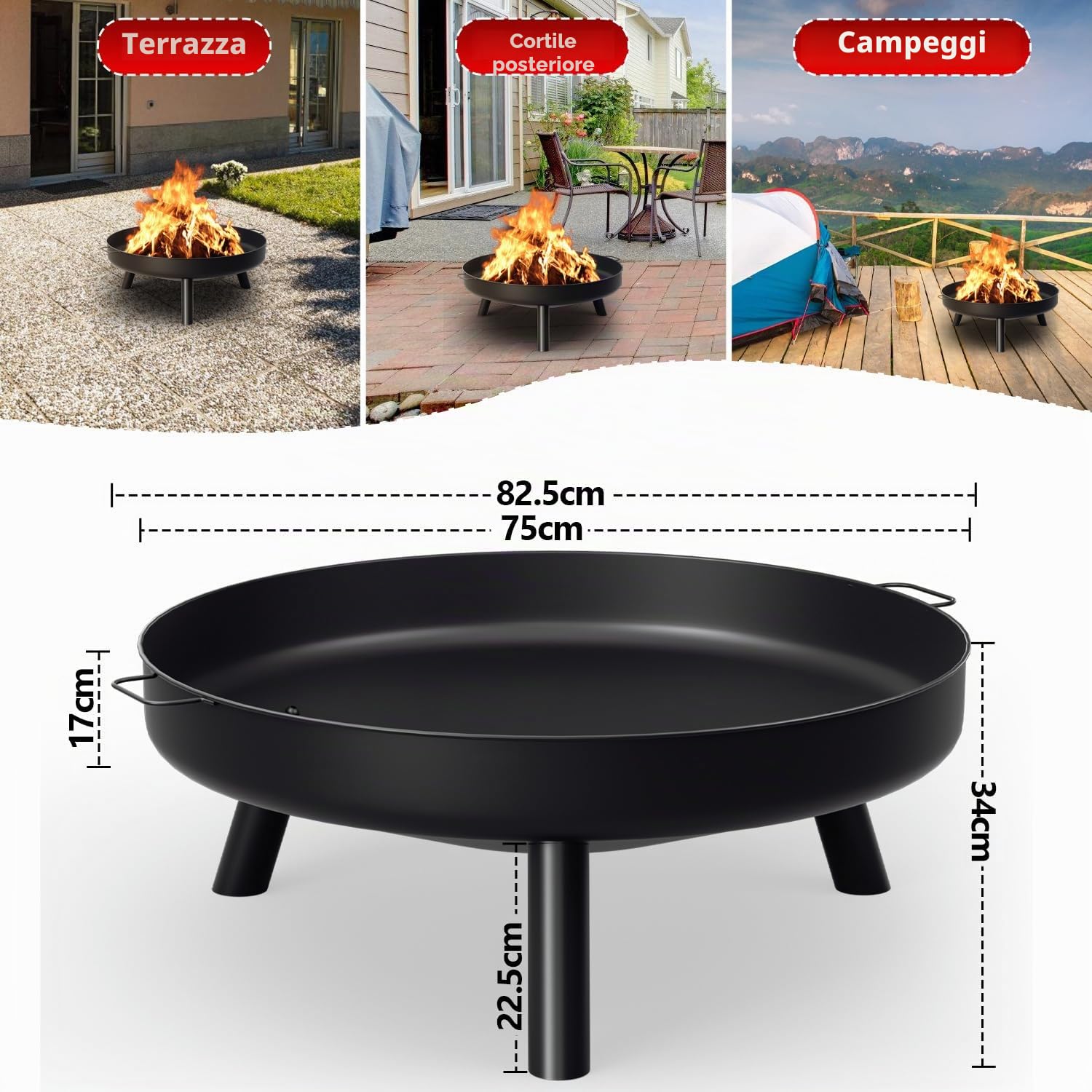 Braciere 80 cm, Braciere da Giardino con Manici e Gambe Rimovibili, Braciere in Acciaio Inox Trasportabile, Braciere per Campeggio, Falò