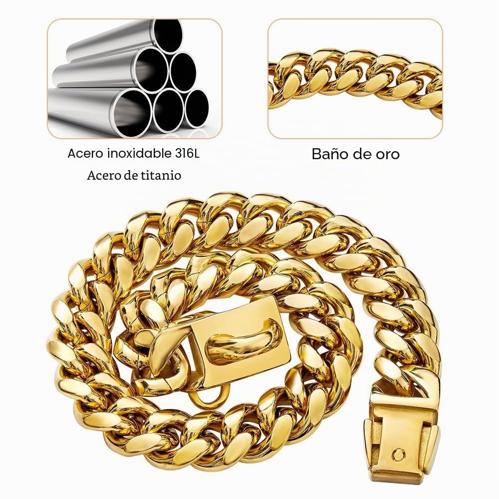 Collar cubano para perros, collar de acero inoxidable, 14mm de ancho, cadena para collar de perro, 26/31/36/41/46/51/56/61cm de longitud, collar dorado para perros de tamaño pequeño y mediano