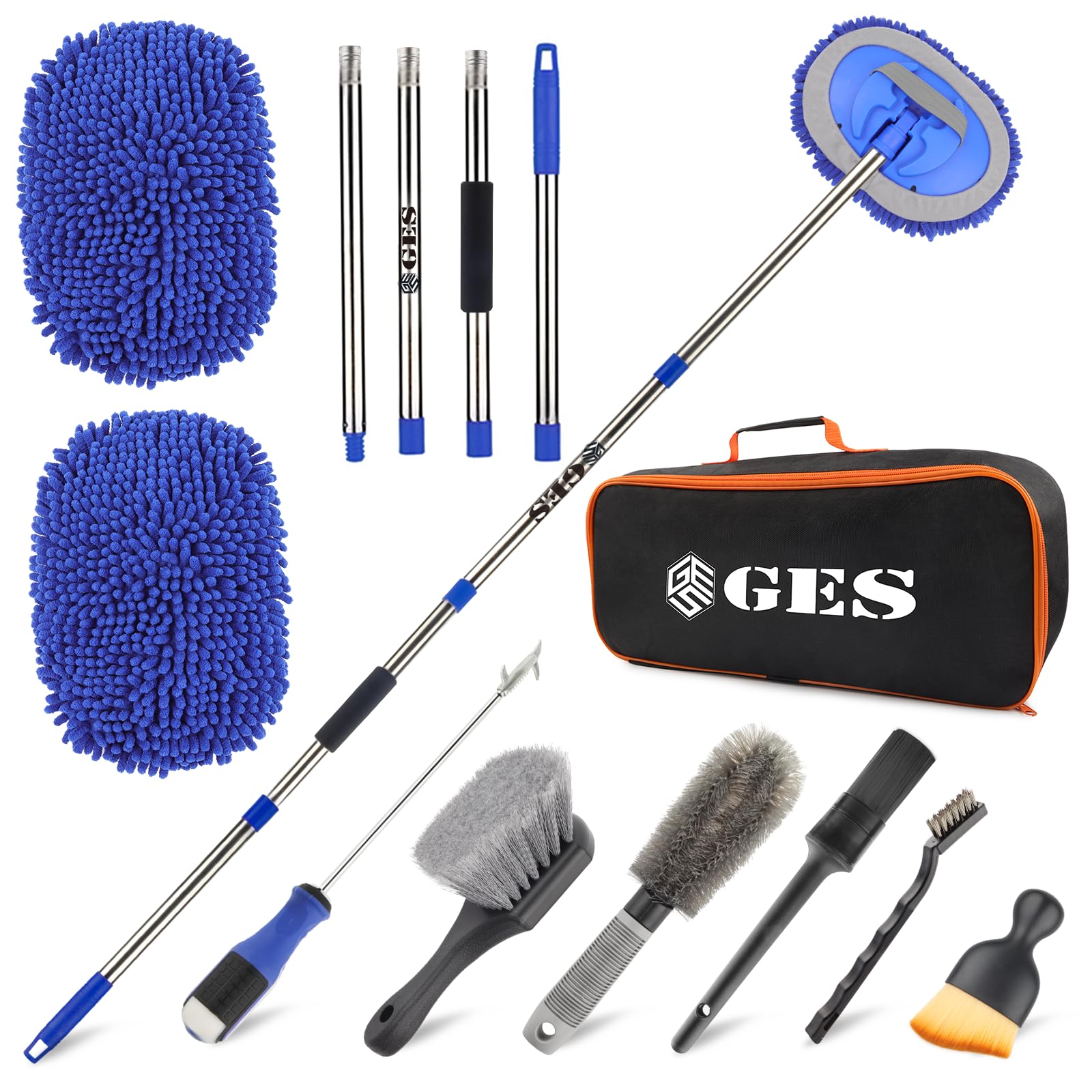 GES Mop do mycia samochodu z długim uchwytem, 152 cm szczotka do mycia samochodu z teleskopowym uchwytem, zestaw do czyszczenia szenilowej mikrofibry 2 w 1, z torbą do przechowywania, do mycia