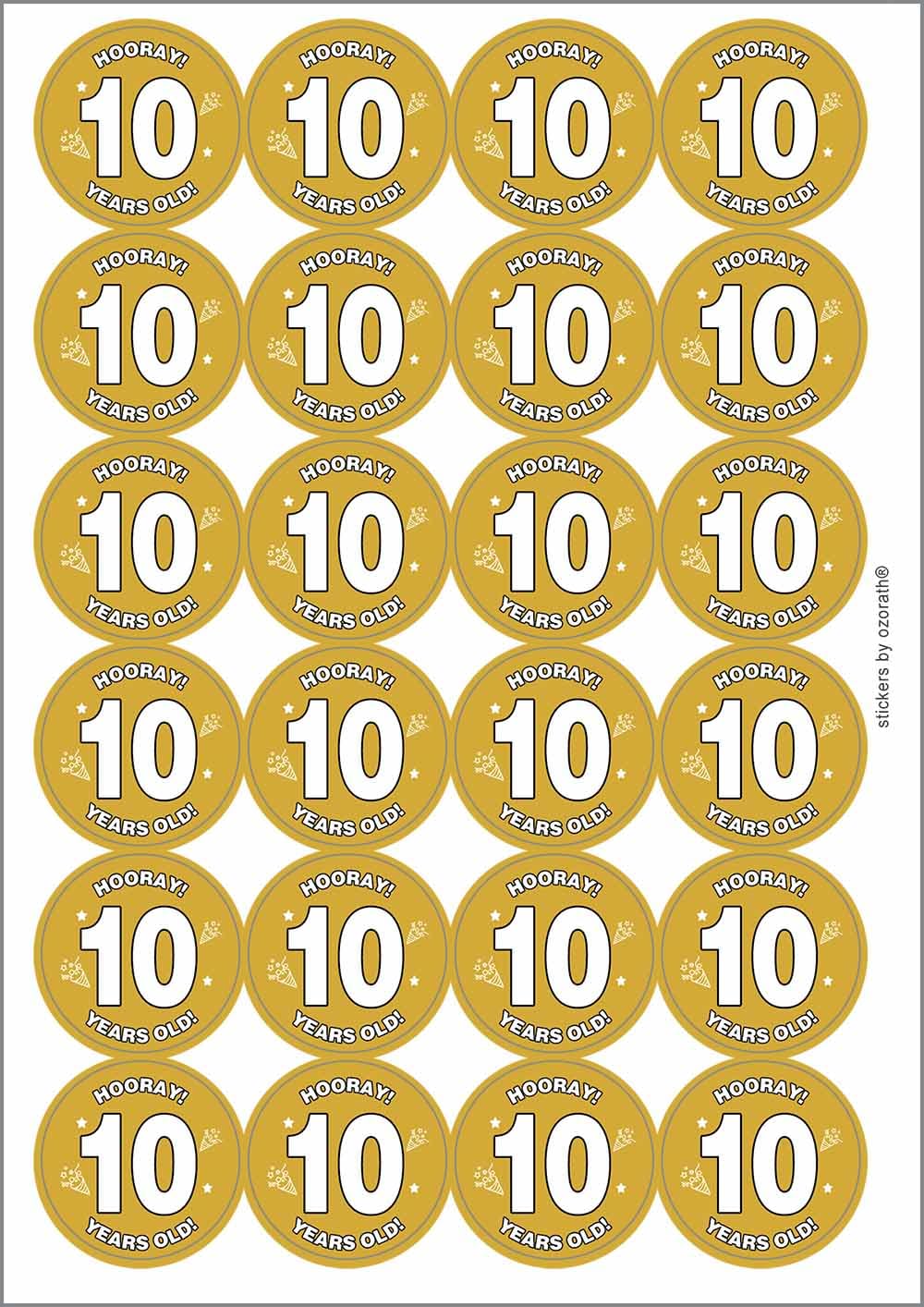 Hooray 10 Ten Tenth 10th Birthday Circular Matt Paper Stickers A4 Sheet of 24 (Each Sticker is 45mm Diameter)