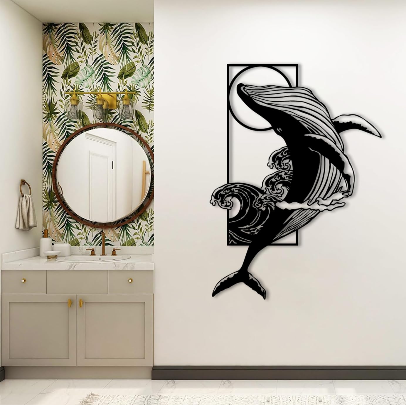 Nowoczesna minimalistyczna dekoracja ścienna z metalu - niebieski wieloryb, sztuka oceaniczna, rzeźba do salonu, sypialni, łazienki (czarny, 90 x 66 cm)